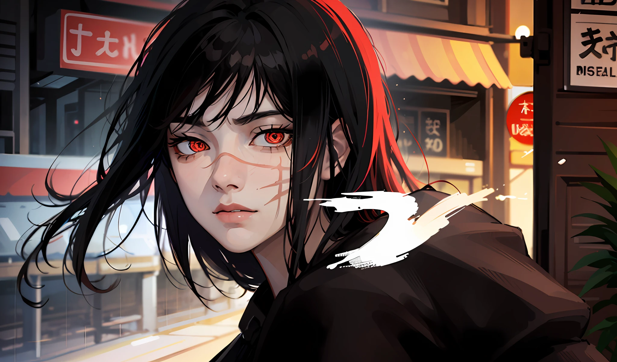 (masterpiece, top quality, best quality, official art, beautiful and aesthetic:1.2), (1girl:1.3), extreme detailed,colorful,highest detailed, detailed Tokyo city background, rain, depth of field, 1girl, yoru \(chainsaw man\), 1girl, long hair, black hair, red eyes, scar on face, (((ringed eyes))), (pinafore dress, black belt, black ribbon), detailed eyes, detailed face, on the street, sad,