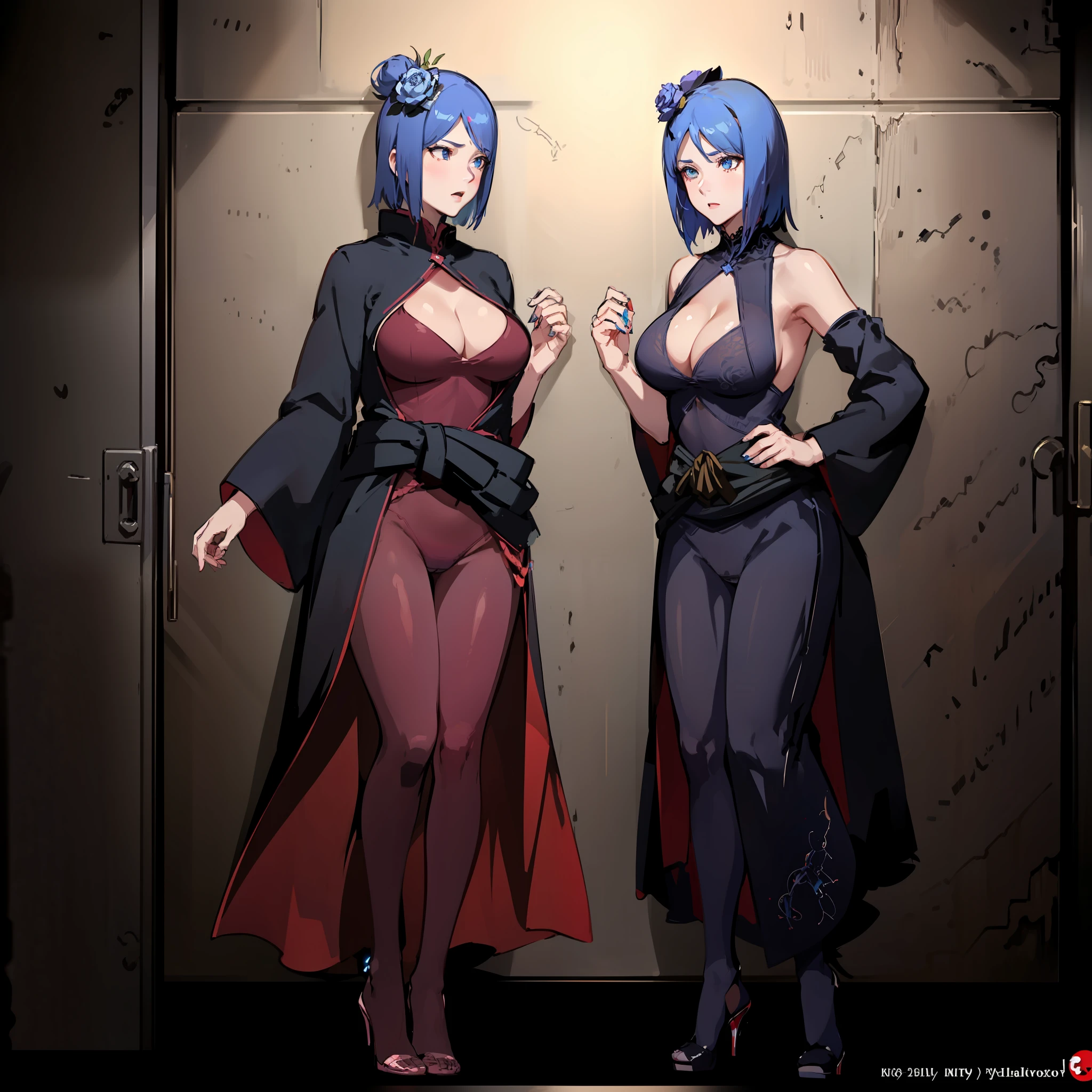 Wear lace pajamas,Visible lace transparent underwear,Standing in the doorway,One hand crosses the waist,perfect bodies,Large of breast,cleavage,The are visible,looks into camera,The atmosphere is ambiguous,high qulity,high detal,oestrus,Whole body diagram,Blue high heels,unreal-engine