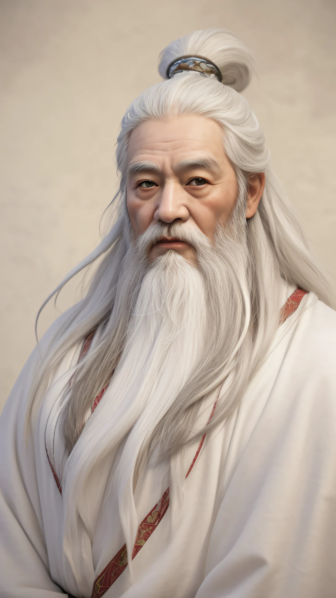 Old man of ancient China,Majestic and majestic,Long hair shawl,The hair and beard are snow-white,Dressed in white,There are wrinkles on the forehead,The eyes are shrewd and sharp,Thick chubby body,heavy breath,The eyes are big。statue,Front view,
