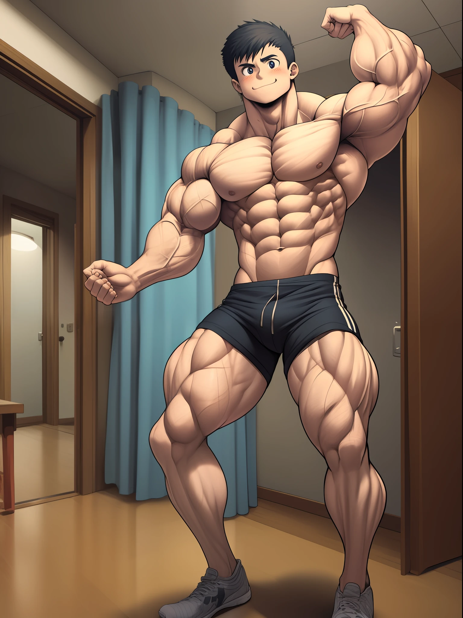 Libido boy， boy，Solo，One man only，Topless male，Wear only shorts，In an empty house that is uninhabited，blushing slightly，A slight smil，Height one meter five，Men's hairstyles，Swollen muscles