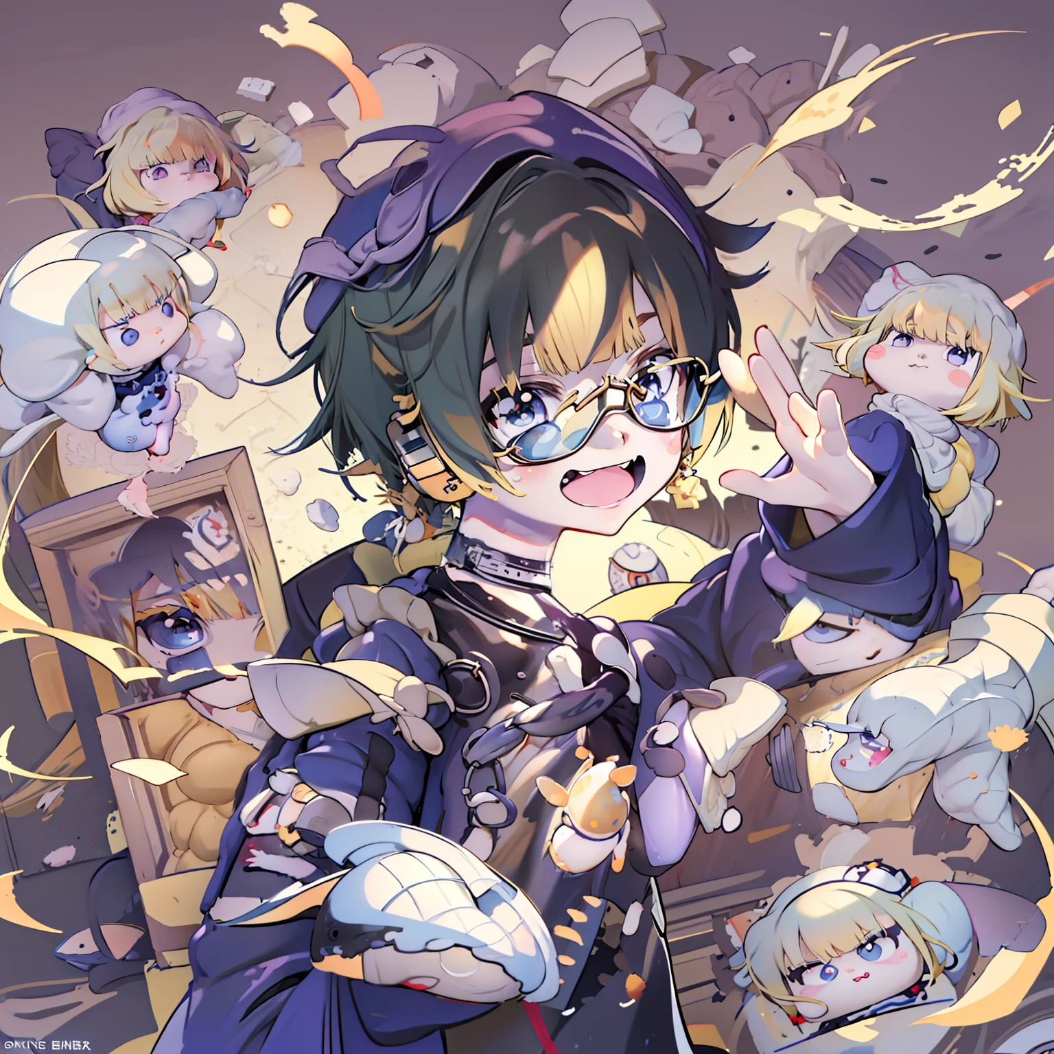 A painting of a boy with black hair and a white shirt, boy wearing spectacles，He has short black hair that resembles a ship, inspired by Okumura Togyu, Cartoon Cute, official fanart, tchibi, webcomic, park jimin, webcomic, High-quality fanart, telegraph stickers, Cute cartoon character, Cute cartoon, lovely art style,inspirado em Okumura Masanobu, cute anime face, in an anime style, kentaro miura manga art style，Highest rated on Pisif, Kantai collection style, nyaruko-san, Pisif, Anime moe art style，There is text typography，Poster design，fashion magazine