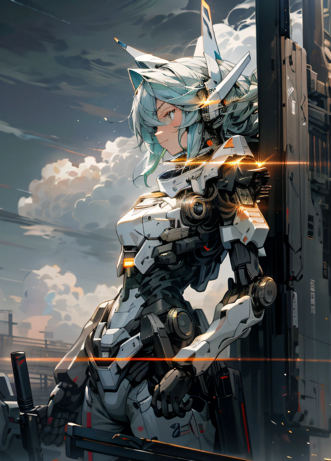 Skysky，​​clouds，Holding_arma，No_Humanity，with light glowing，，droid，buliding，Glowing_Eyes，Mecha，scientific fiction，城市，Realistis，Mecha，Big-breasted girl