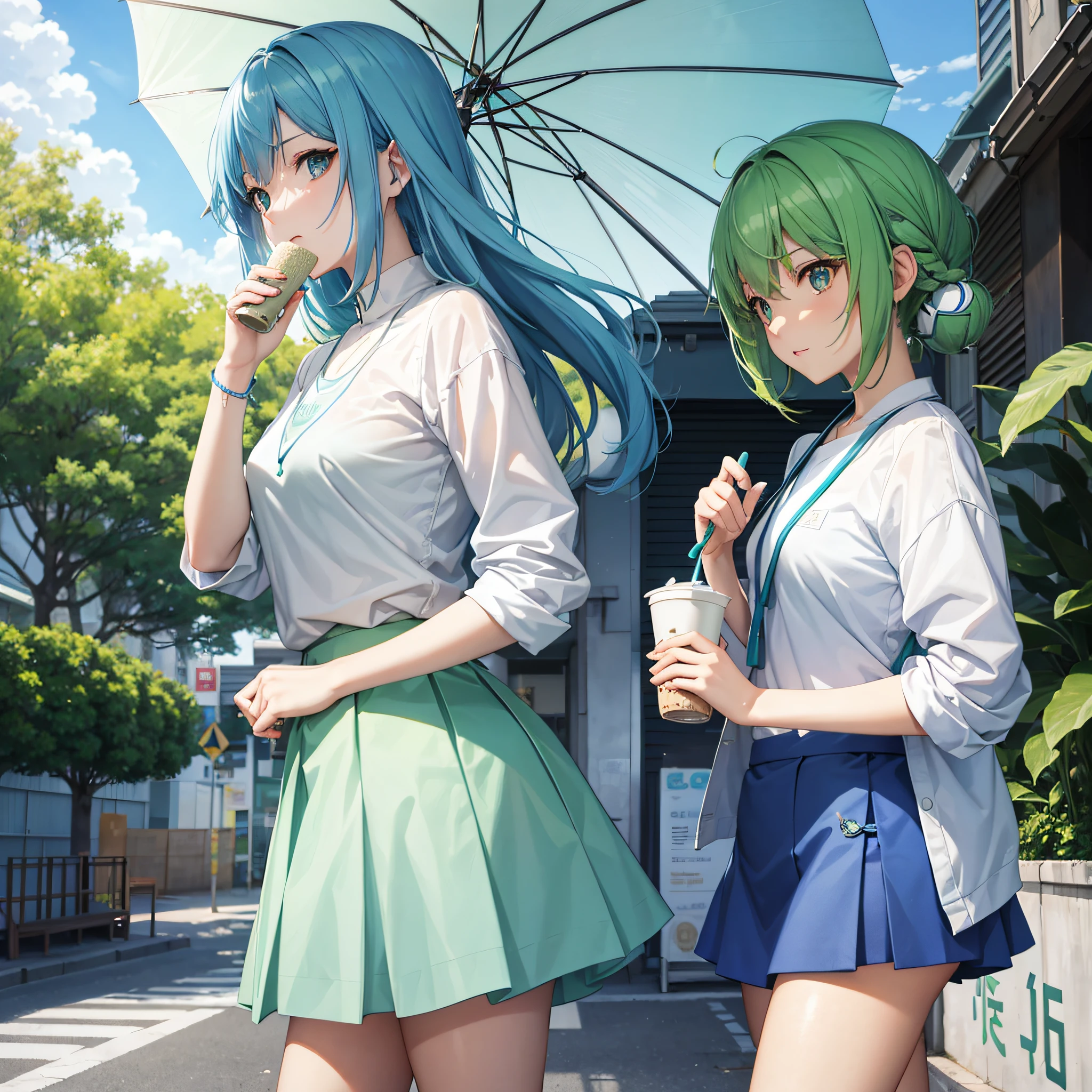 A blue and green gradient hair,Melon seed face,Light blue casual skirt,White top,Simple,Anime style,Shinkai sincerely,rays of sunshine,the street,A milk tea cup with,umbrella,Anime style,4k