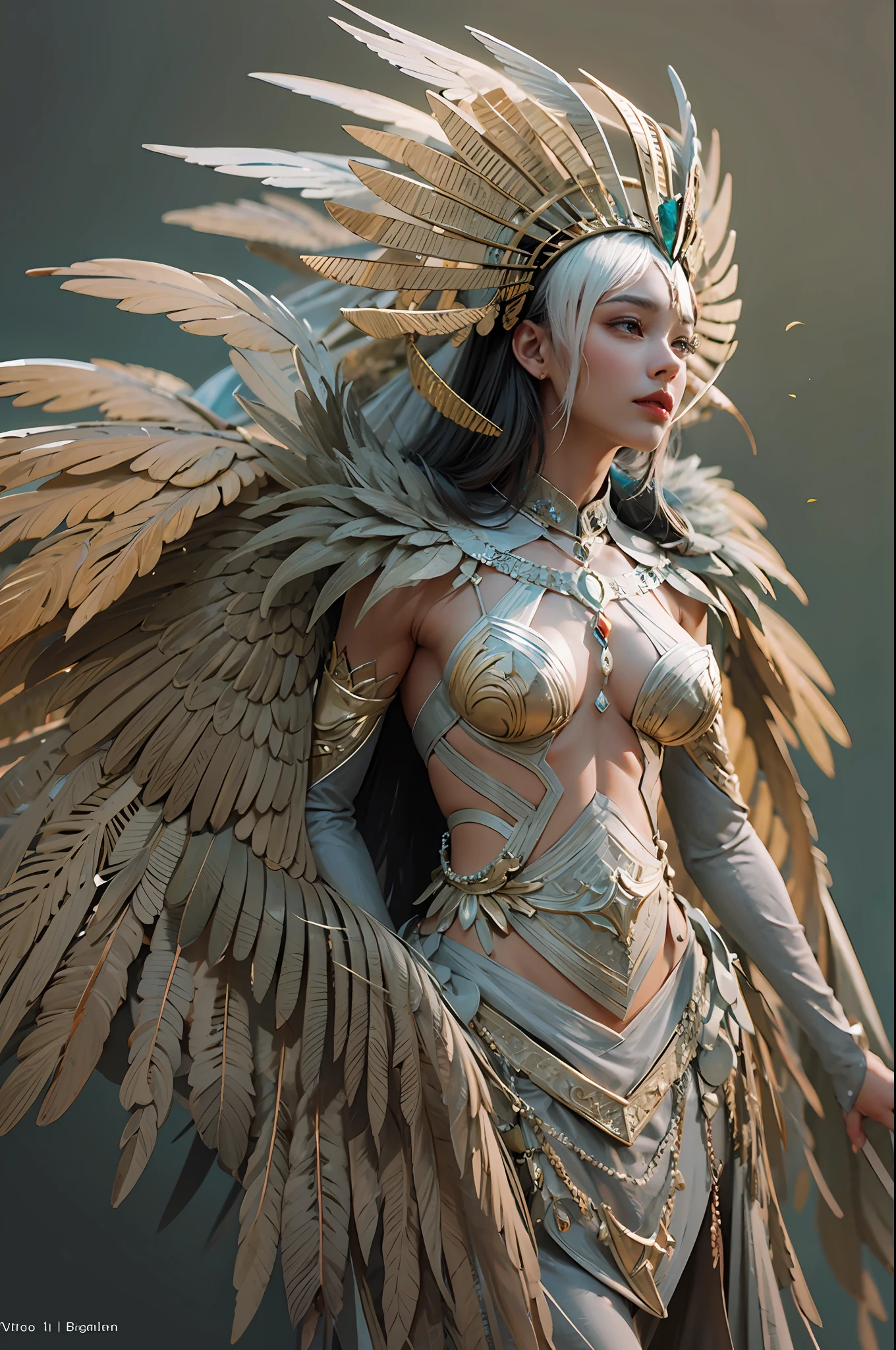 a giant bird woman with large wings on top of it's head and wings on it's back, 3 d model, Adam Rex, sumatraism, concept art,pastel colour,hight contrast,(Natural skin texture,ultra-realistic realism,the soft light,Sharp)