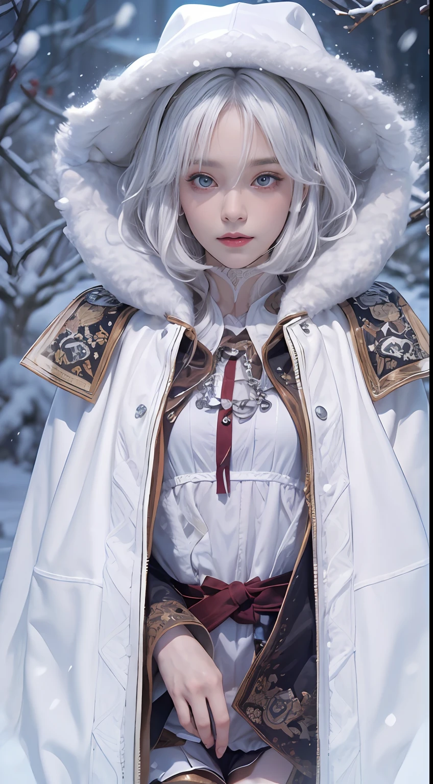 Photorealistic, high resolution, 1 Women, Solo, (Lolita costume)，Face the audience，The upper part of the body，Thighs Beautiful eyes, White hair, ringed eyes, (outside，Oyuki，Cloak，Cover with snow)，snowfield