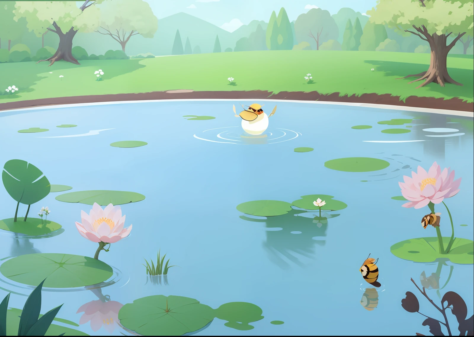 Draw a large tree on the pond,There are nests next to large trees,Large hornet's nest hangs from the tree, There are nests in the river, , Blue sky and white clouds on background ,KIDS ILLUSTRATION