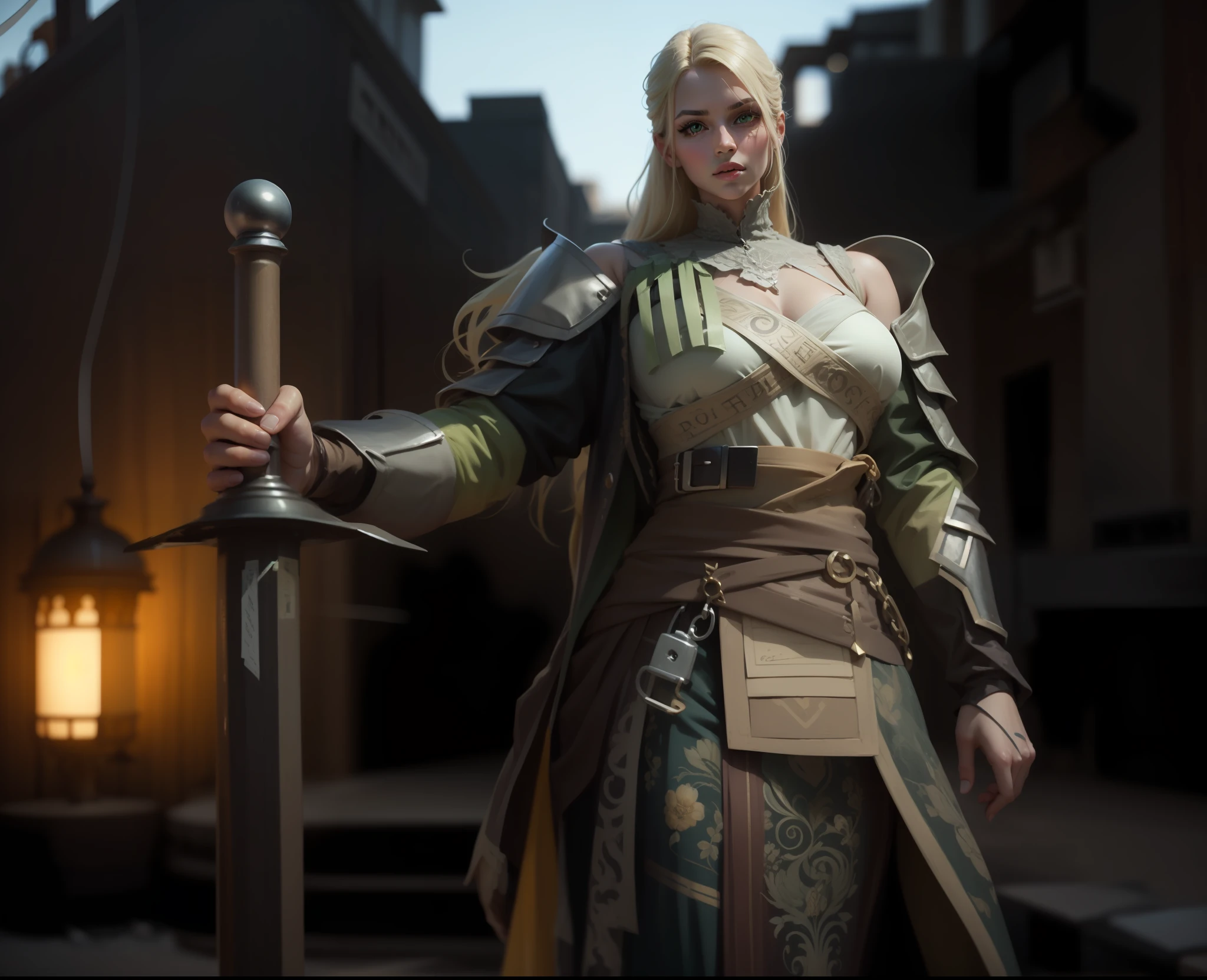 , a beautiful woman, with light skin, blonde hair and green eyes,