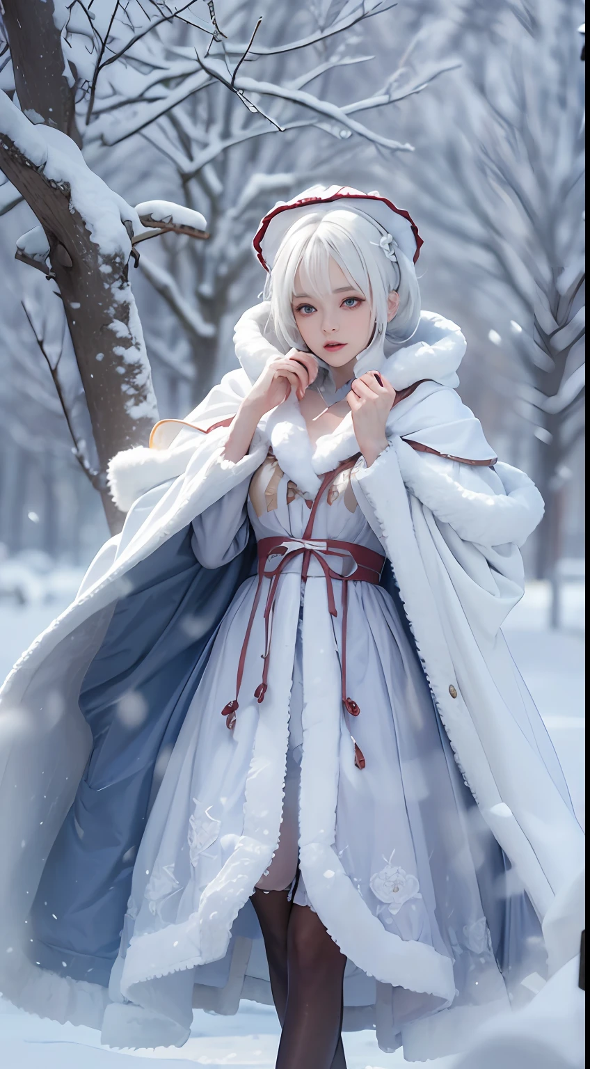 Photorealistic, high resolution, 1 Women, Solo, (Lolita costume)，Face the audience，The upper part of the body，Thighs Beautiful eyes, White hair, ringed eyes, (outside，Oyuki，Cloak，Cover with snow)，snowfield