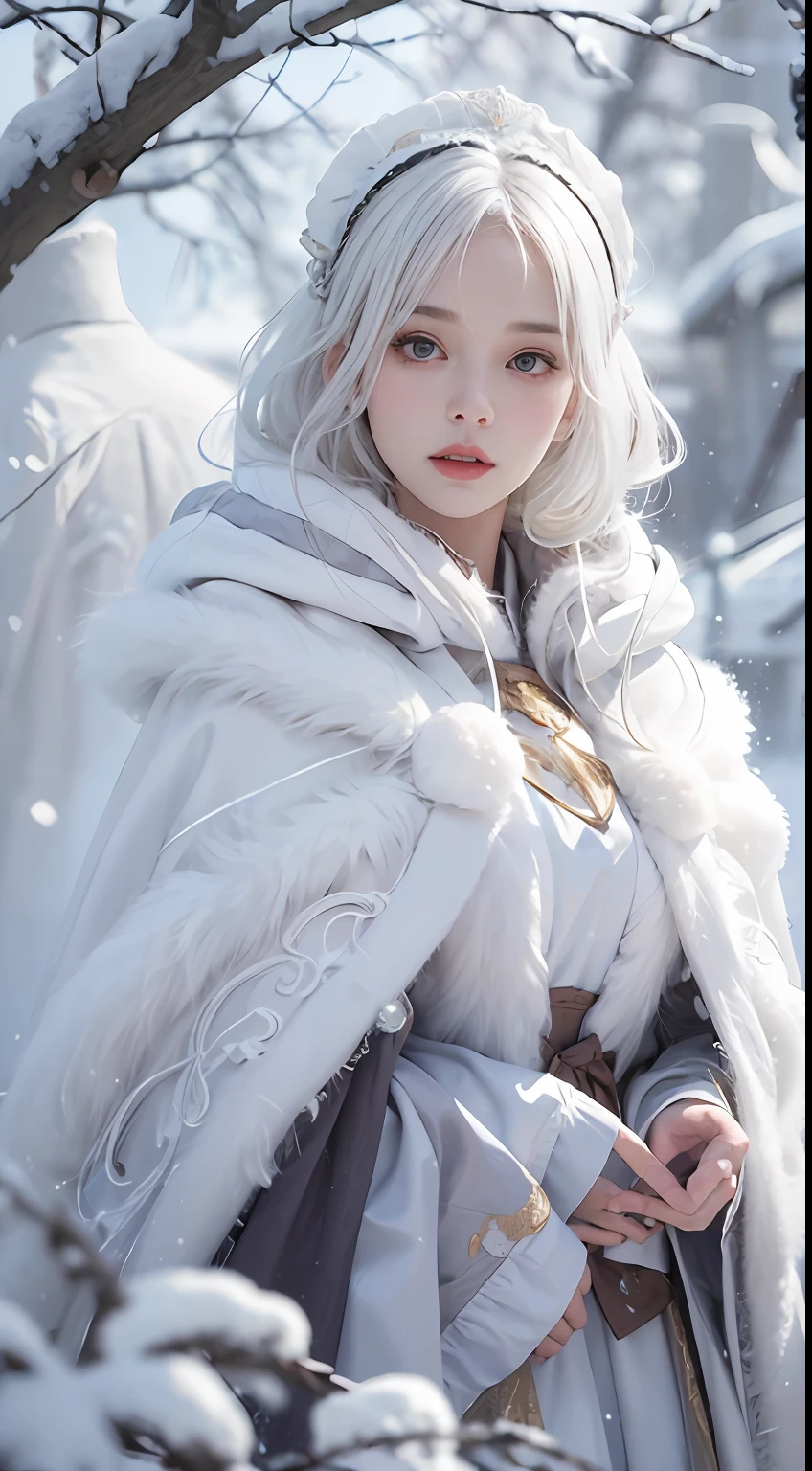 Photorealistic, high resolution, 1 Women, Solo, (Lolita costume),Face the audience,The upper part of the body,Thighs Beautiful eyes, White hair, ringed eyes, (outside,Oyuki,Cloak,Cover with snow),snowfield