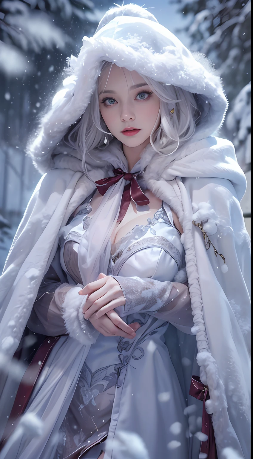 Photorealistic, high resolution, 1 Women, Solo, (Lolita costume)，Gorgeous costumes，Face the audience，The upper part of the body，Thighs Beautiful eyes, White hair, ringed eyes, (outside，Heavy snowfall，Cloak，Cover with snow)，snowfield