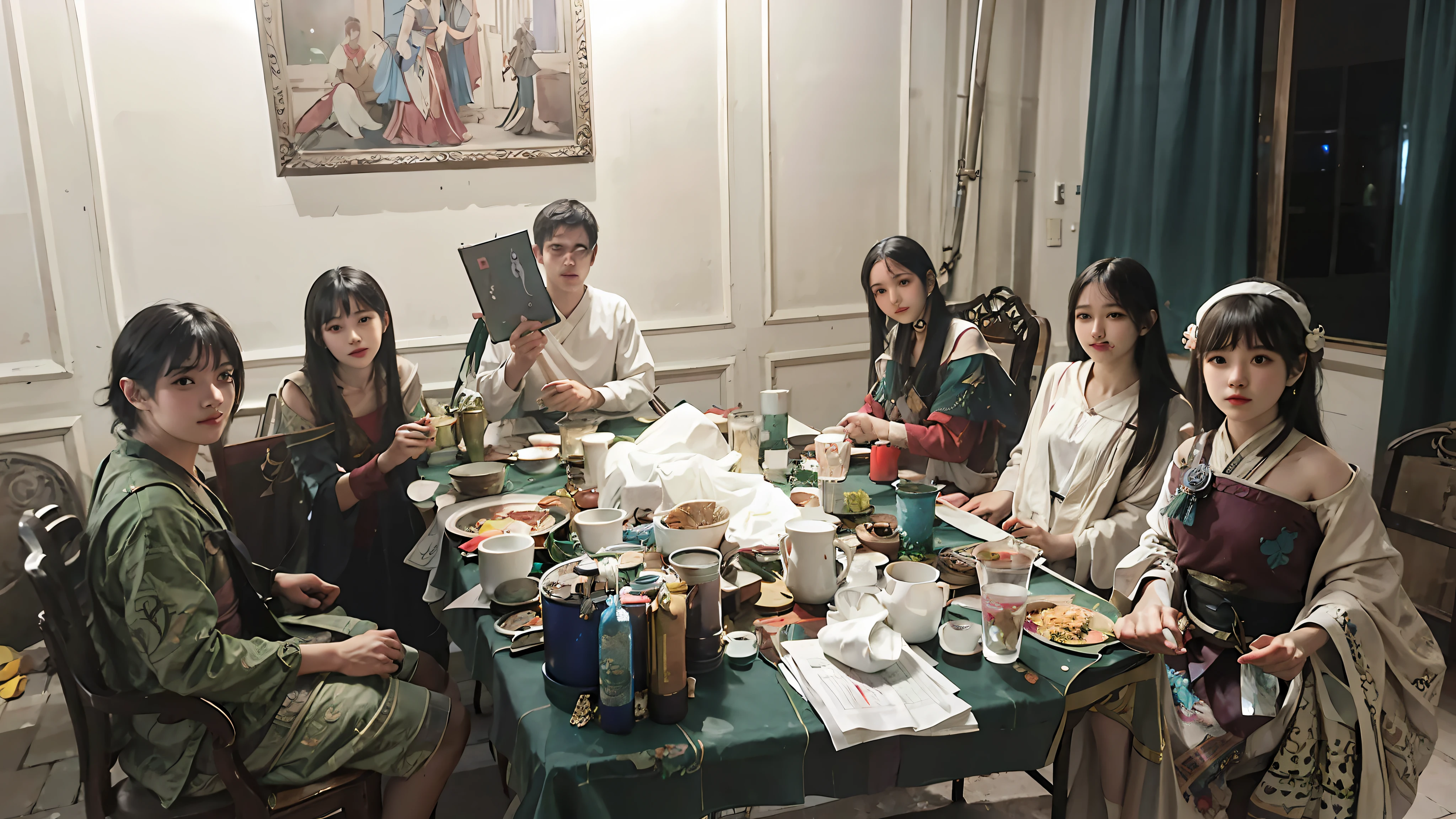 Six people sat around a table,Holding a book and a cup, paining, Painting, Painting, dnd party, 8k mate painting, D & d party, paiting, anime party of friend of wisdom, physical painting, group sit at table, painting coming to life, Renaissance!!! Painting!!!, inspired by Zhang Xiaogang, Artis, Group photo