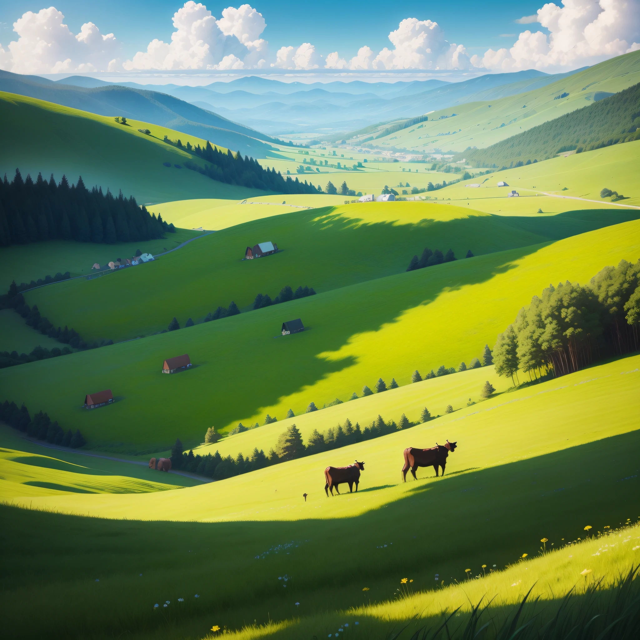 grassy hill,background of flowery hill,A herd of cattle above,surprise,9k,vacation,8k,fanbox,6k,gifts,promotional art,Images available,gifts,avatar images, , illustartion, Looks realistic, festivity,Bright summer