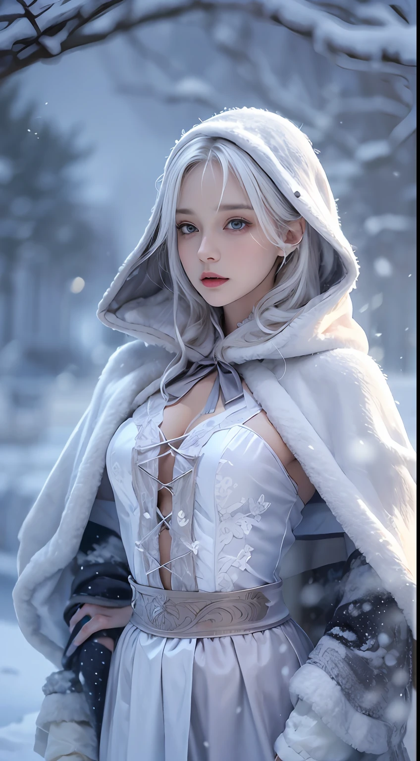 Photorealistic, high resolution, 1 Women, Solo, (Lolita costume)，Gorgeous costumes，Face the audience，The upper part of the body，Thighs Beautiful eyes, White hair, ringed eyes, (outside，Heavy snowfall，Cloak，Cover with snow)，snowfield