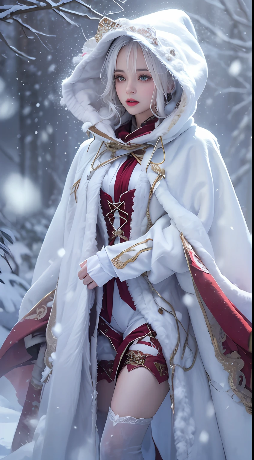 Photorealistic, high resolution, 1 Women, Solo, (Lolita costume),Gorgeous costumes,Face the audience,The upper part of the body,Thighs Beautiful eyes, White hair, ringed eyes, (outside,Heavy snowfall,Cloak,Cover with snow),snowfield