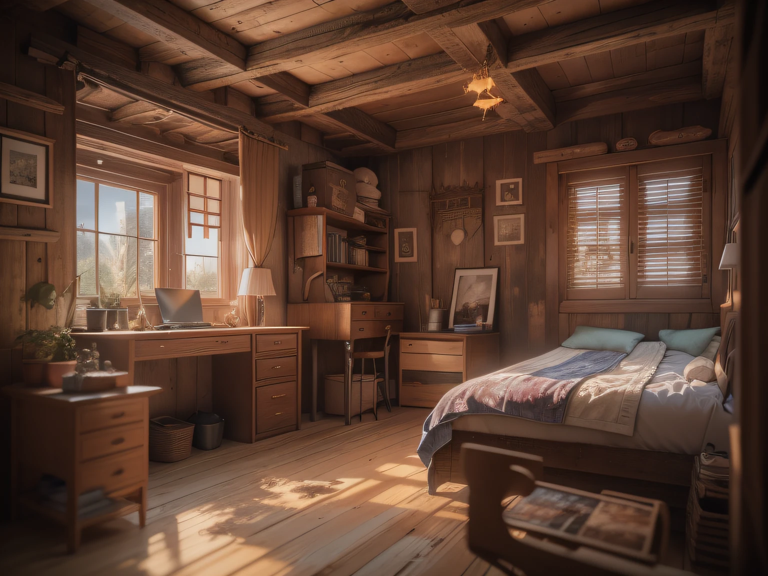 High-detail RAW color photography, Bedroom interior in a rustic wooden house, (higly detailed, hyper-detailing), particle fx, ray traced, 电影灯光, Shallow depth of field, photographed with Sony a9 II, 50mm wide angle lens, sharp-focus