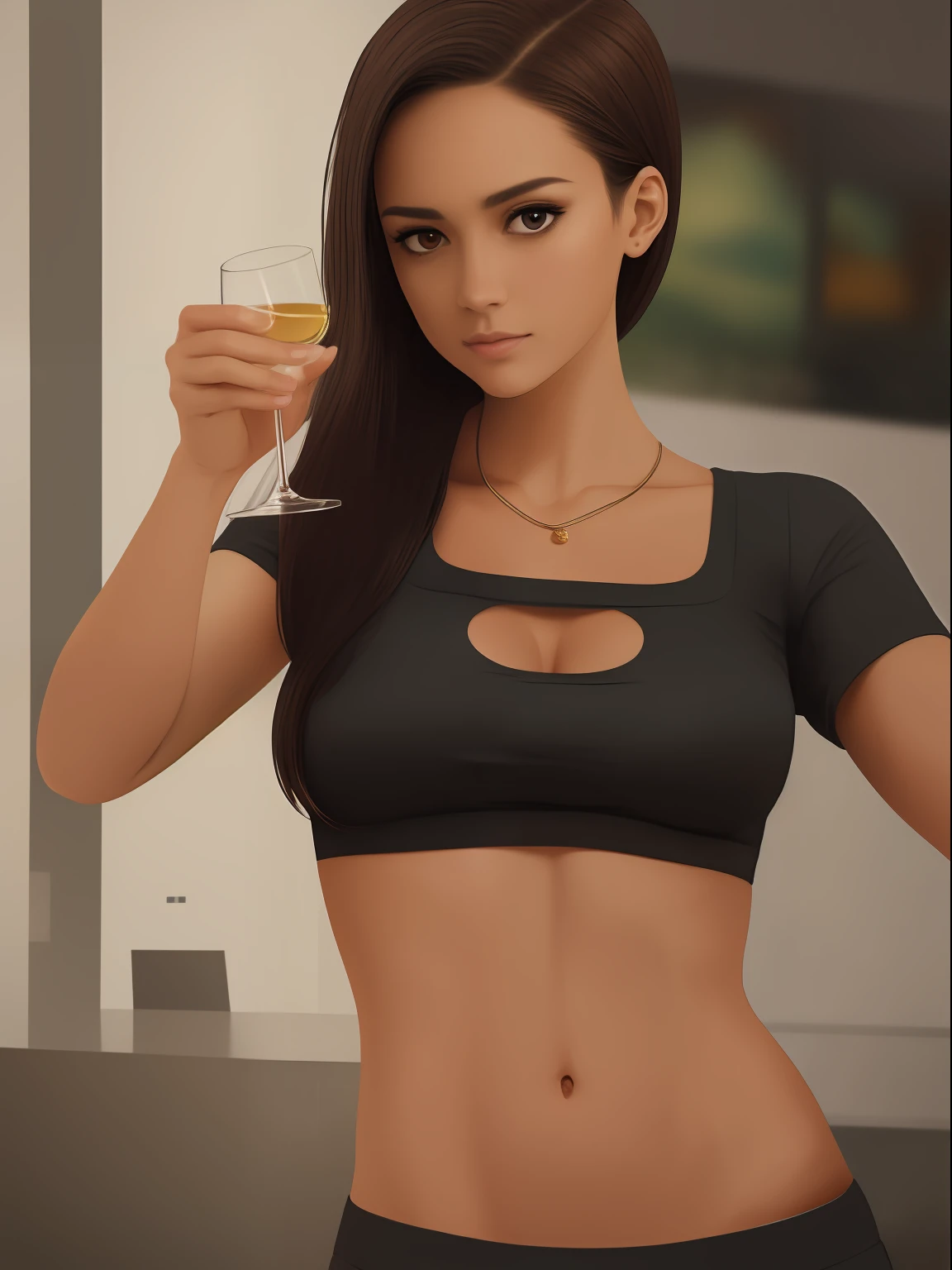She looks a bit like Jessica Alba, Beautiful Brazilian girl, brown hair in a ponytail, 18 years old, beautiful thin figure symmetrical eyes, (beautifully detailed face, beautiful detailed eyes), dramatic lighting, (photo realism:1. 4), realistic, sharp focus, HD, highly complex, intricate, photography, hyperrealism, hyperrealistic, raytracing, physics-based rendering, ((8k, RAW photo, masterpiece), High detail RAW color photo, (highest quality), (best shadow), (best illustration), ultra high resolution, highly detailed CG unified 8K wallpapers), rim lighting, vivid color, post-processing, vibrant, color grading, She is tasting white wine in a wine bar, wearing tight leggings and a sports bra, showing her ass, holding a glass of white wine