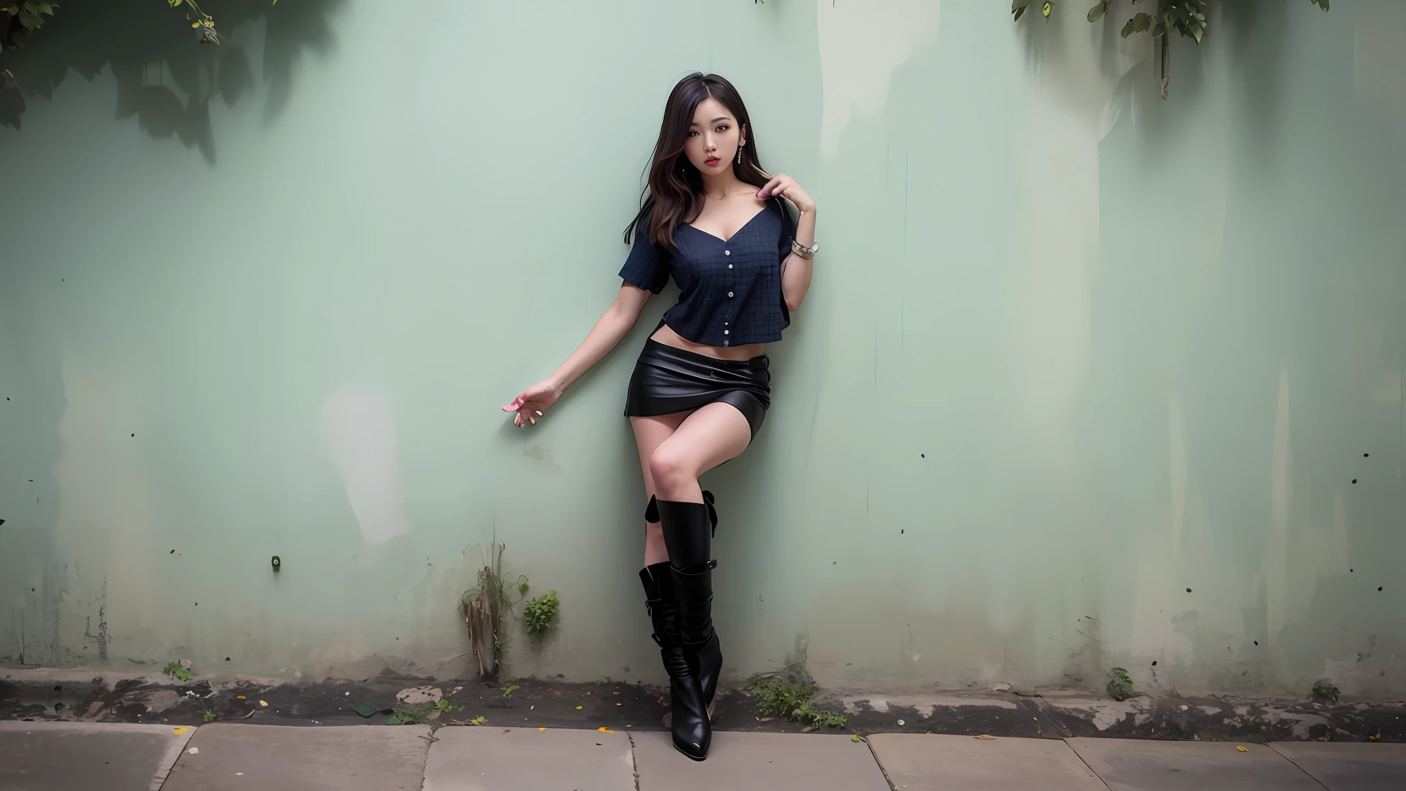 Mulher jovem, bonita, rosto perfeito, saia curta azul e top preto, top com decote, cleavage, botas pretas, roupas curtas, abdome exposto, abdome fino, encostado em uma parede cinza, Mulher sul-coreana bonita, linda mulher coreana jovem, cabelos loiros, menina coreana, Modelo de moda feminina coreana, Jiyun Chae, azul e preto, Parque Ji-min, mulher coreana jovem bonita, Ayami, Heonhwa Choe, azul quente e preto, Mulher coreana, Hwang SE - EM