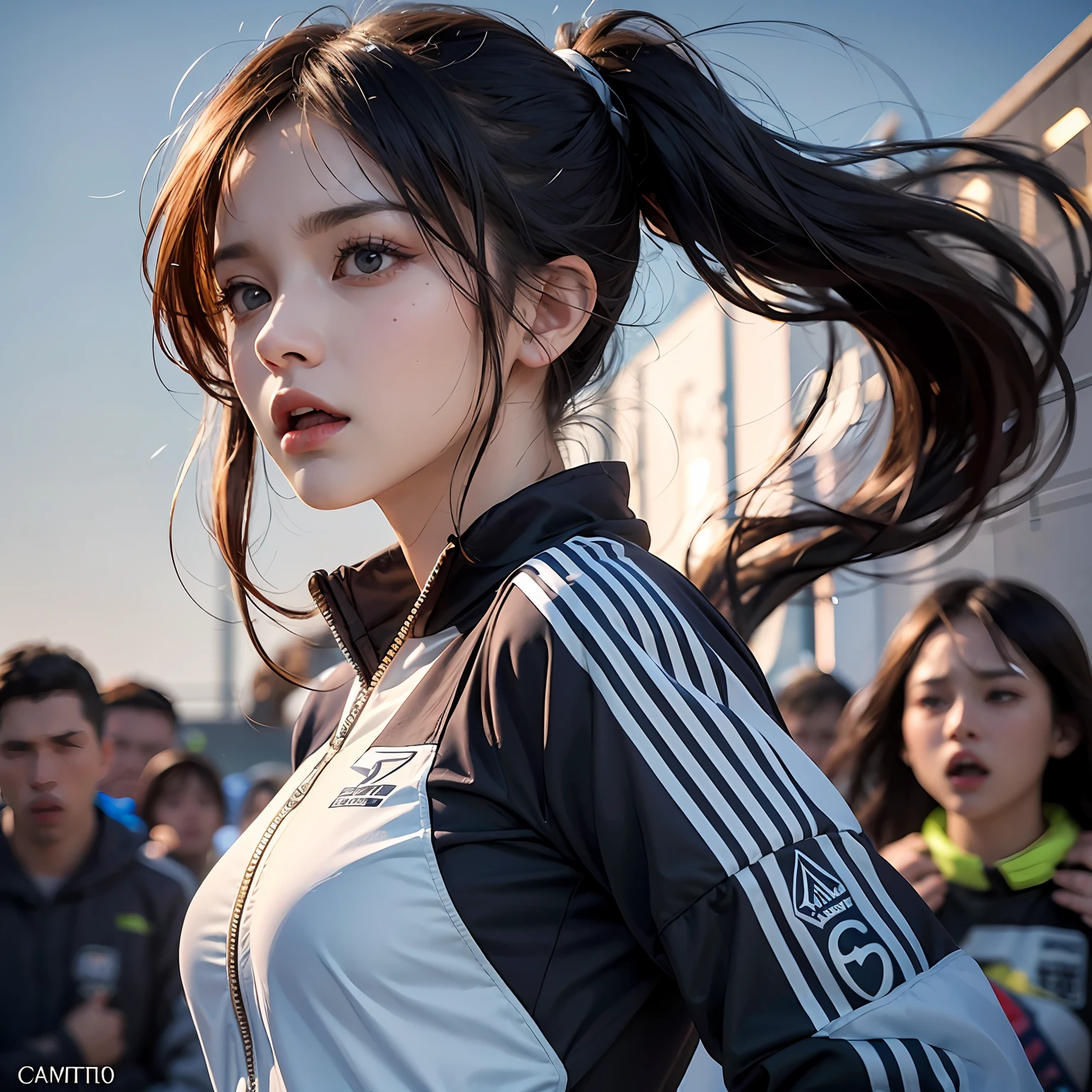 sportswoman，（best qualtiy，8K，tmasterpiece:1.3），Goose egg face，largeeyes，long eyelasher，With bangs，Cool handsome，Domineering，Exquisite（live-action realistic style），Star-like eyes，Ultimate face，Photorealistic light and shadow，Clear facial features，Milky white skin，Fair skin， highdetailskin， Realistic skin details， Visible Pore，（Super detail），Petite body，（perfect bodies：1.1），Carmelto， full bodyesbian，Contest，Shooting sports，track suit，（（dynamicposes），Aim at the target，Jumpy），（（Lots of spectators，intense emotion）），((Dynamic background((Be watched，Tense atmosphere)) ，Dramatic scenes