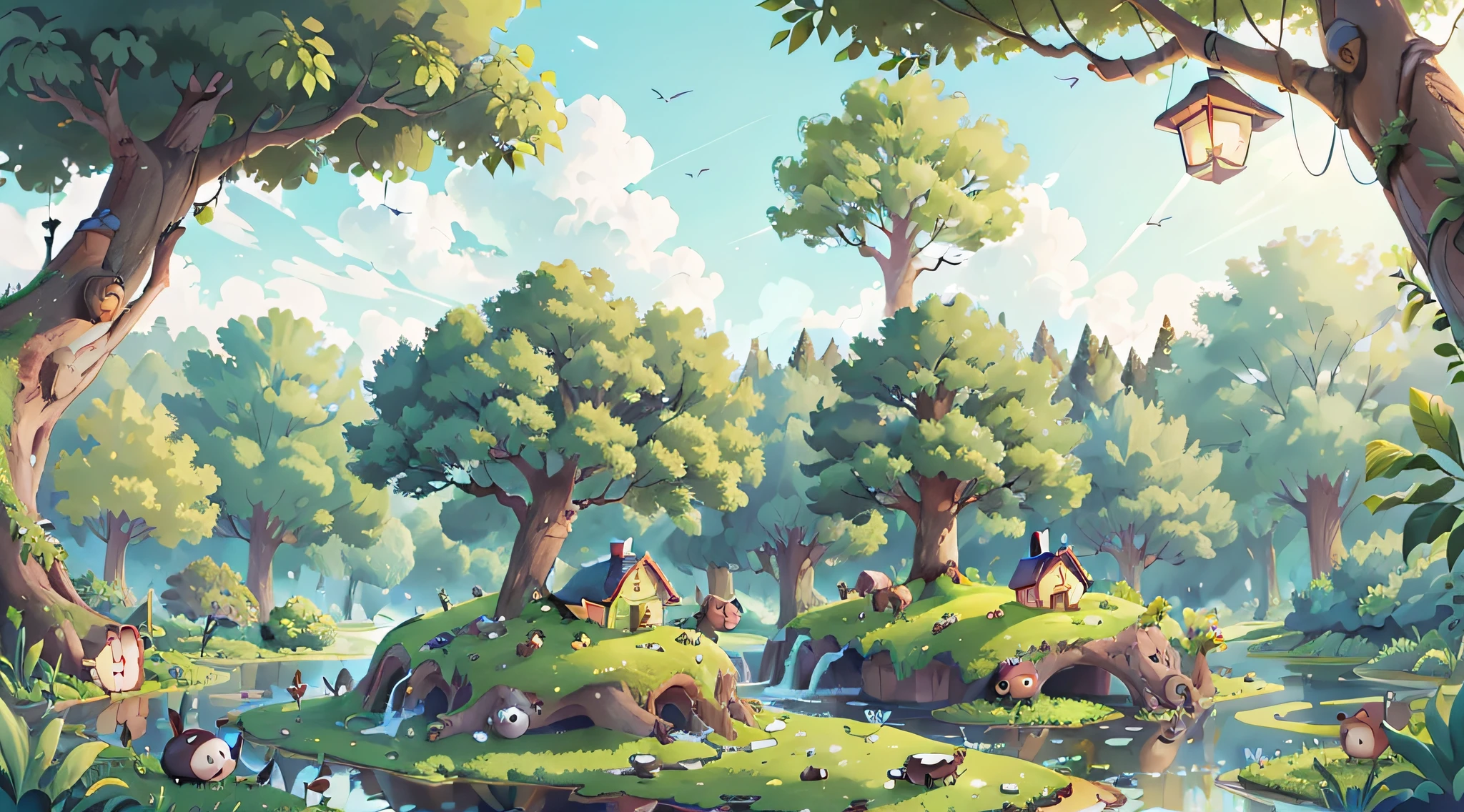 Draw a large tree on the pond，There are nests next to large trees，Large hornet's nest hangs from the tree, There are nests in the river, , clean lineart, Blue sky and white clouds on background ，KIDS ILLUSTRATION