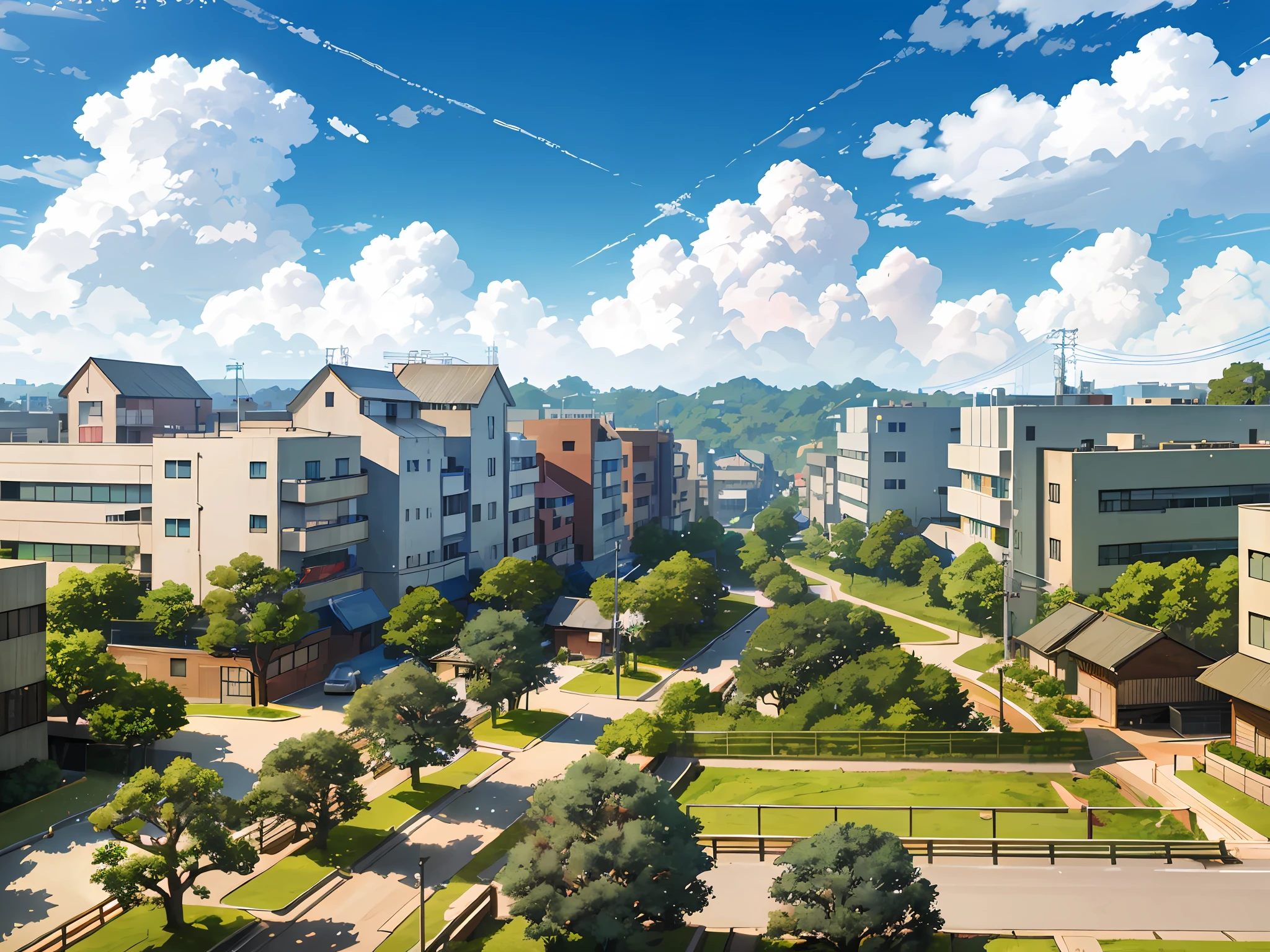 There is a picture of the city with a lot of buildings, cafe, realistic anime 3 d style, anime style cityscape, style of makoto shinkai, Beautiful anime scenery, in the style of makoto shinkai, Anime scenery, anime scenery concept art, Anime landscapes, hd anime cityscape, Anime Background Art, By Shinkai Makoto. high detailing