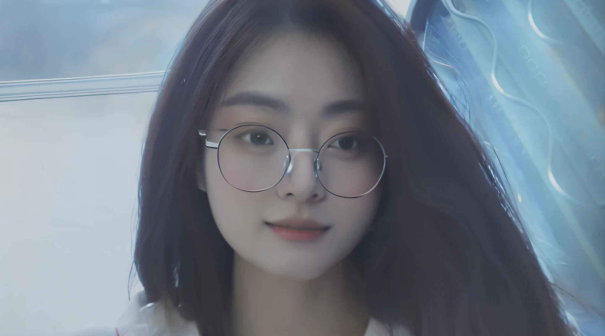 there is a woman with glasses and a white shirt posing for a picture, With glasses, tzuyu from twice, 8k selfie photograph, jaeyeon nam, young lovely Korean faces, wears glasses, Guviz-style artwork, with square glasses, clear cute face, wearing small round glasses, ulzzangs, she is about 1 6