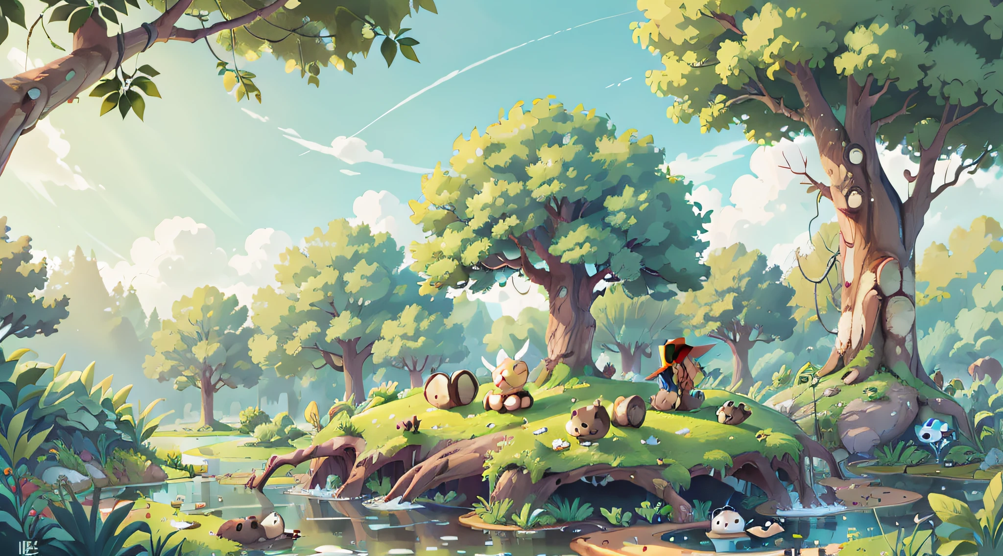 Draw a large tree on the pond，There are nests next to large trees，Large hornet's nest hangs from the tree, There are nests in the river, , clean lineart, Blue sky and white clouds on background ，KIDS ILLUSTRATION