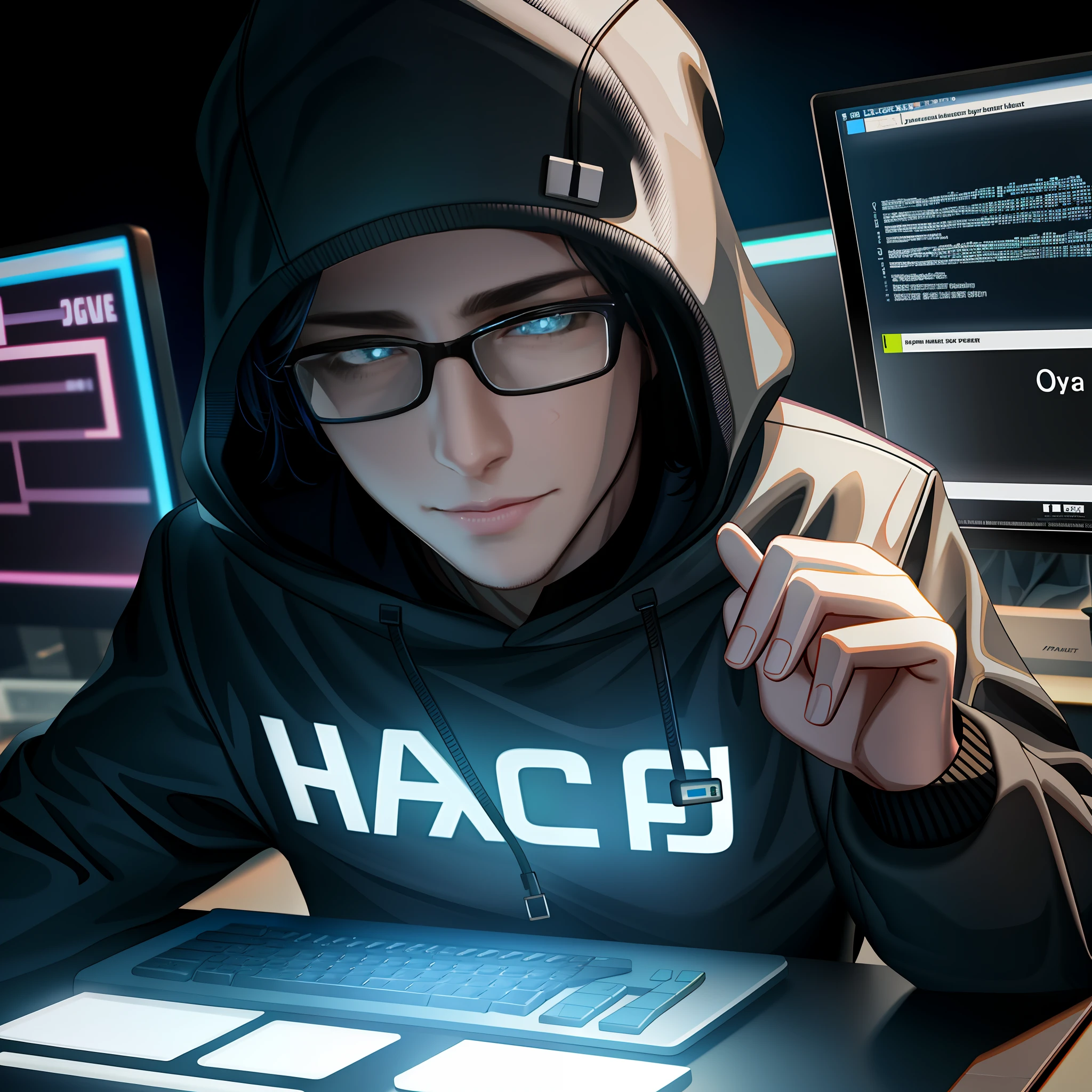 There was a young man in a hoodie sitting at his desk，holding a laptop in his hand, hacking, cyberpunk hacker, fvckrender, Highly dynamic rendering, 3 d render of jerma 9 8 5, artistation render, hacknaut cyberpunk, hacking, hacking, hyperreal rendering, typical cryptocurrency nerd, high res render, hyper realistic rendering, digital art render, CG art