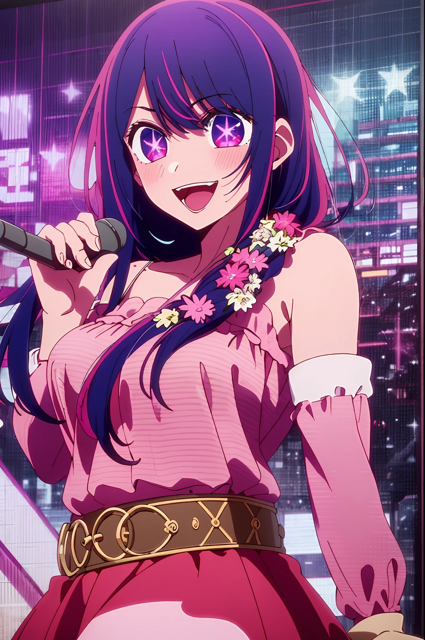 ​masterpiece、ighly detailed、(1 girl in:1.2)、purple color  hair、pink  dress、big eye、a closeup、a smile、8K、Ai Hoshino、Live performance venue