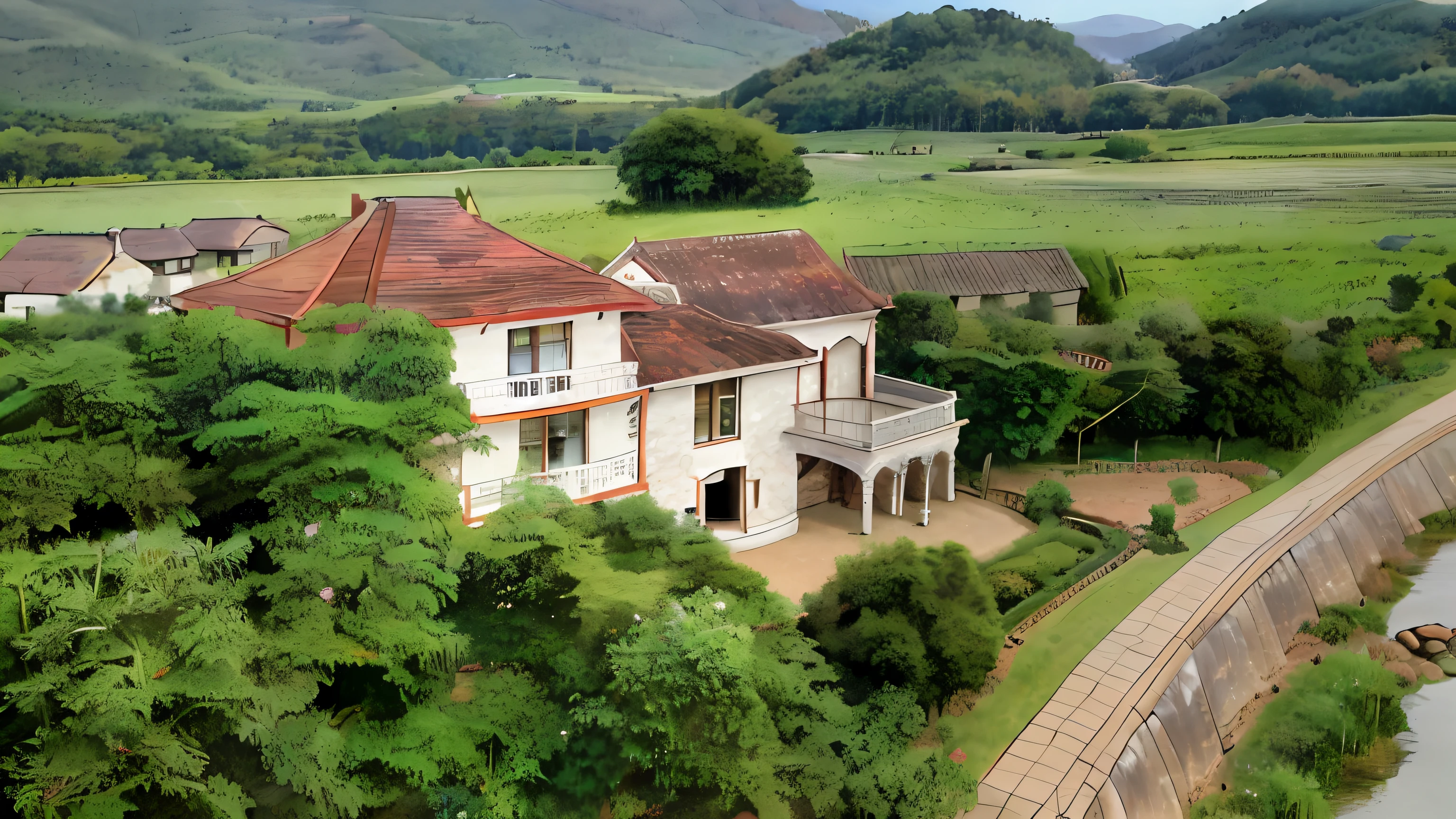 Aerial view of the country house,A river runs through it, View from above, wide view of a farm, high-angle view, external view, a wide full shot, allure, looking from above, drone view, viewed in profile from far away, Village, upper view, top - view, view from slightly above, white buildings with red roofs