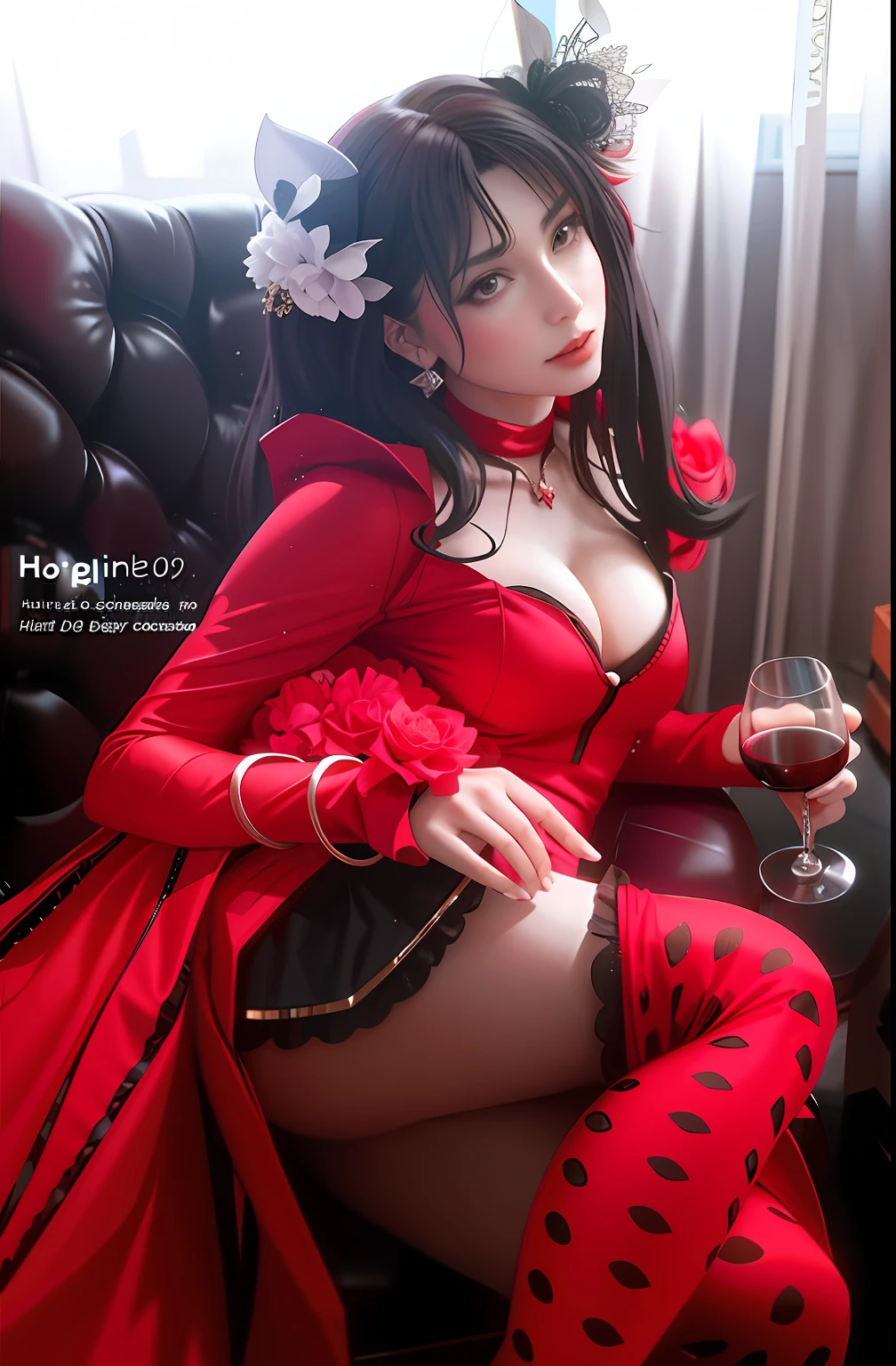 The Arad woman in a red dress sits in a chair and drinks a glass of wine, tohsaka-rin, Anime girl cosplay, very sexy devil outfit, cosplay, elegant glamourous cosplay, trending at cgstation, cosplay on black harley queen, trending on cgstation, some red, Red, red and black costume!!!, taken in 2 0 2 0, Sexy girl