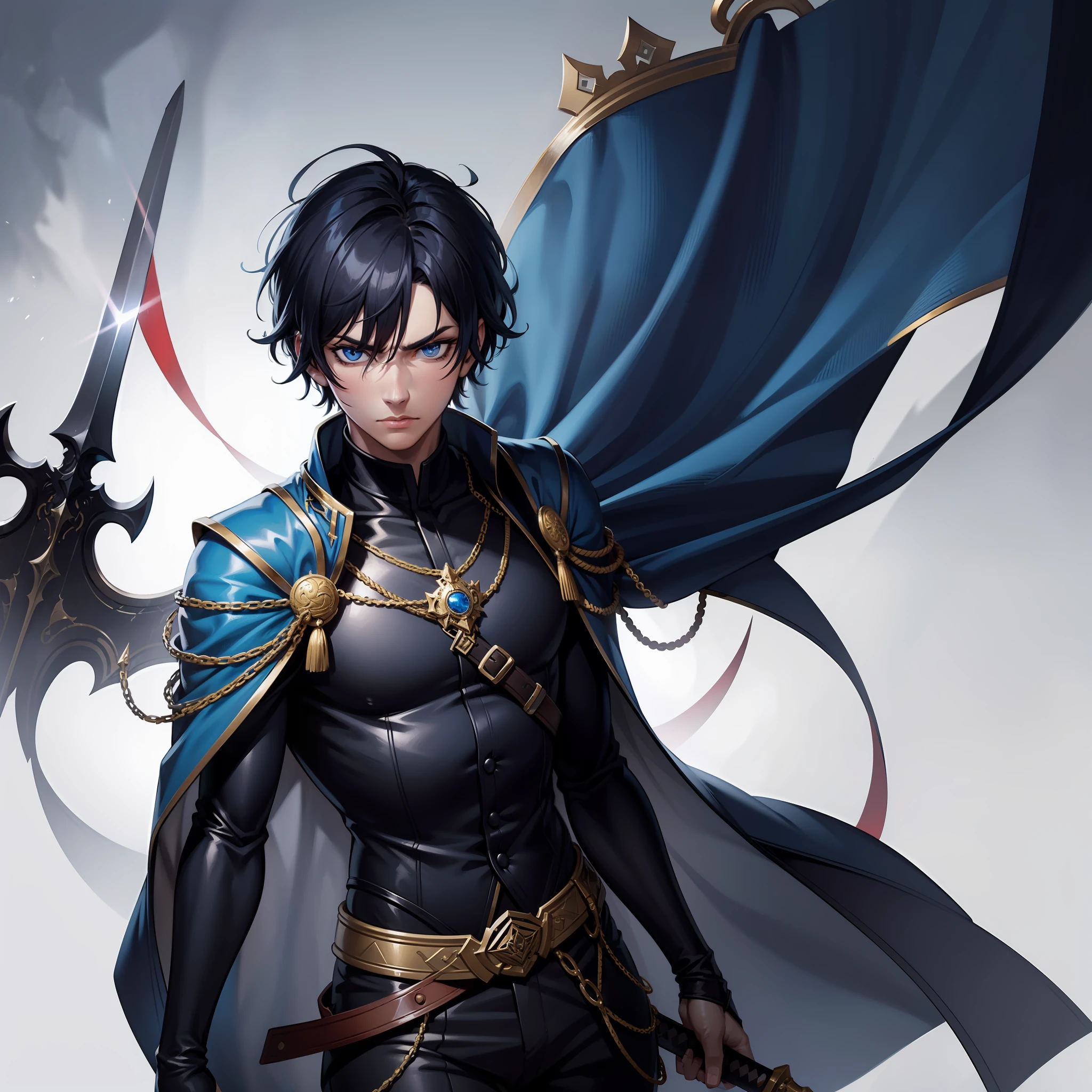 8k, 1 male, black hair, Dark blue eyes, Duke, serious, hold the sword , looking the viewer , beautiful male god of death