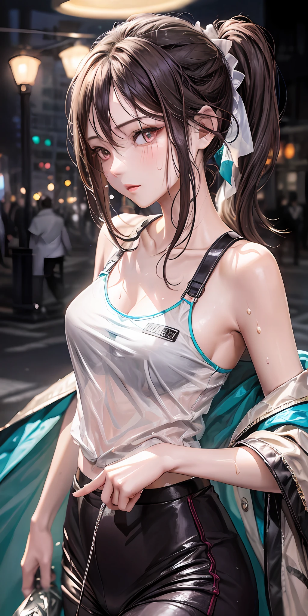 （Best image quality），Glowing eyes，high detal，exquisite facial features，Works of masters，best qualityer，Higher quality，超高分辨率，8K分辨率，depth of fields，s the perfect face，Glowing skin，Young woman，Maroon hair，Oblique ponytail，Delicate facial features，Colorful clear eyes，（（shairband）），Clear silk tracksuit，(sweat shorts)，Dignified and beautiful，Charming，Blurred，Lively street，The flow of people，Side photo