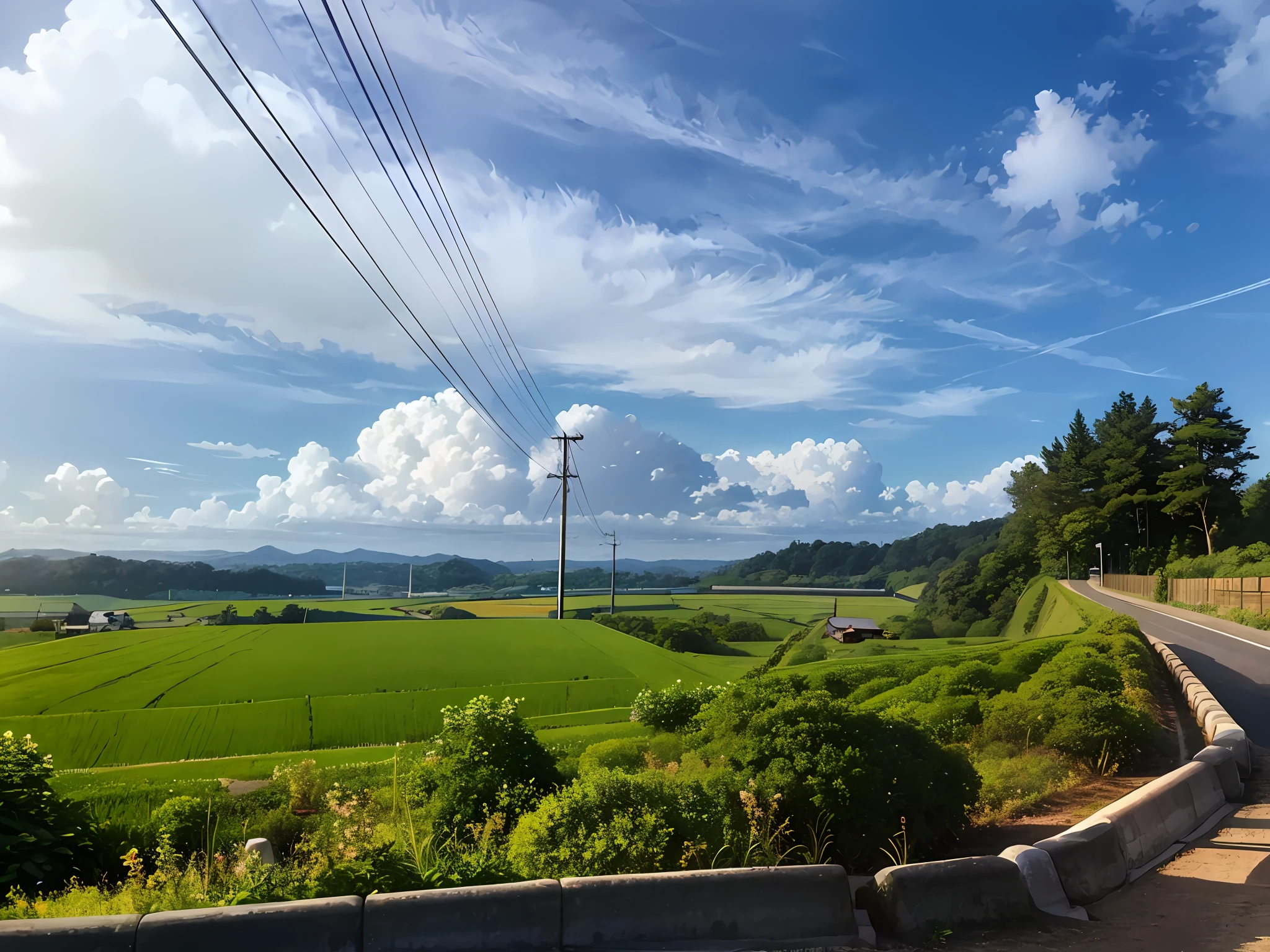 A road winding through the fields can be seen, countryside in japan, Japanese countryside, clouds and fields in background, japan rural travel, rural japan, Countryside, okinawa japan, green fields in the background, wide angle landscape shot, korean countryside, wide angle landscape, wide angle photo, Japan rural town, with dramatic sky