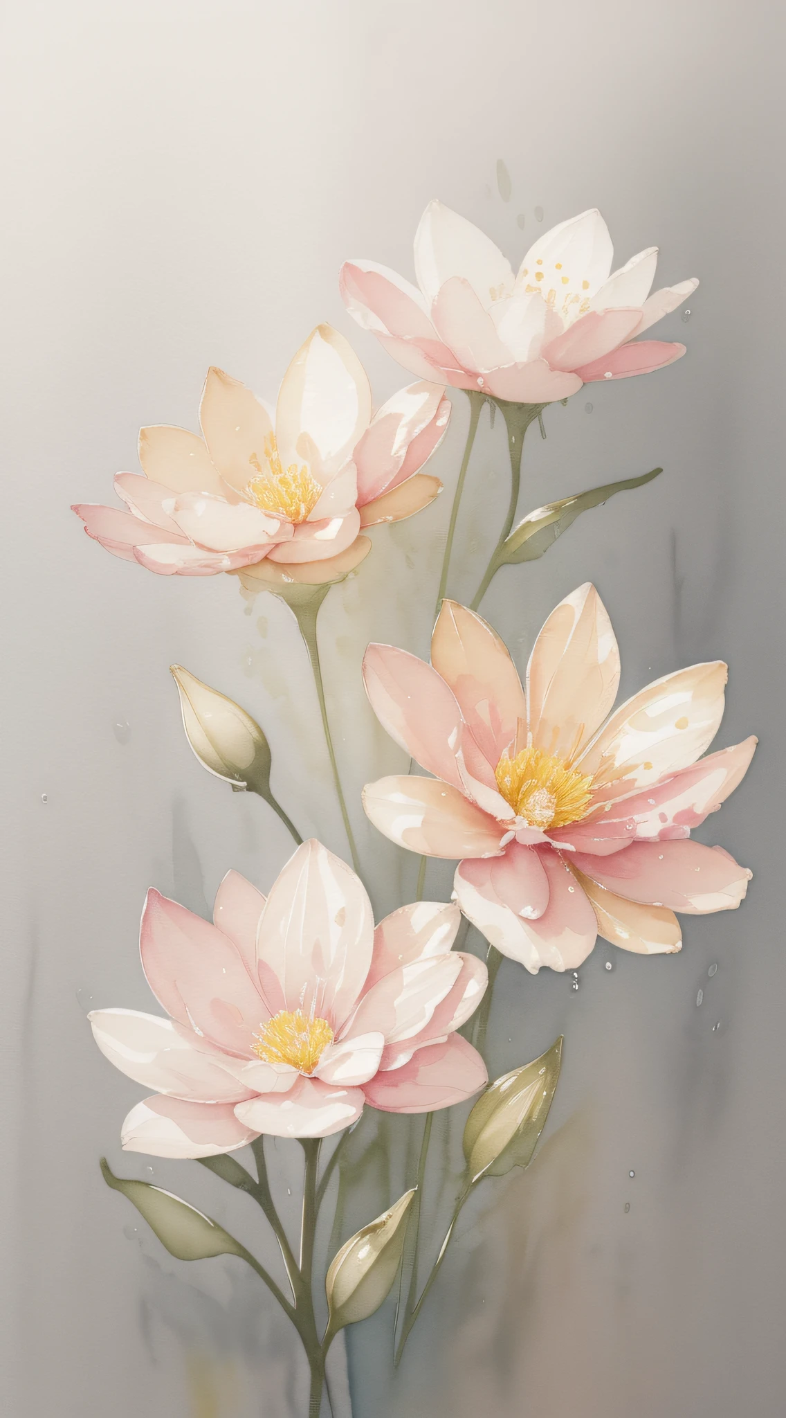 Watercolor flower painting isolated on gray gradient background、watercolor paiting、Splash technology reproduces wet conditions、Blurred atmosphere、Unique composition、Abstract representation、Contains surrealist elements、Pale tones、Pale pink and gold color scheme、high-resolution details、Ink splash effect、Light shades。