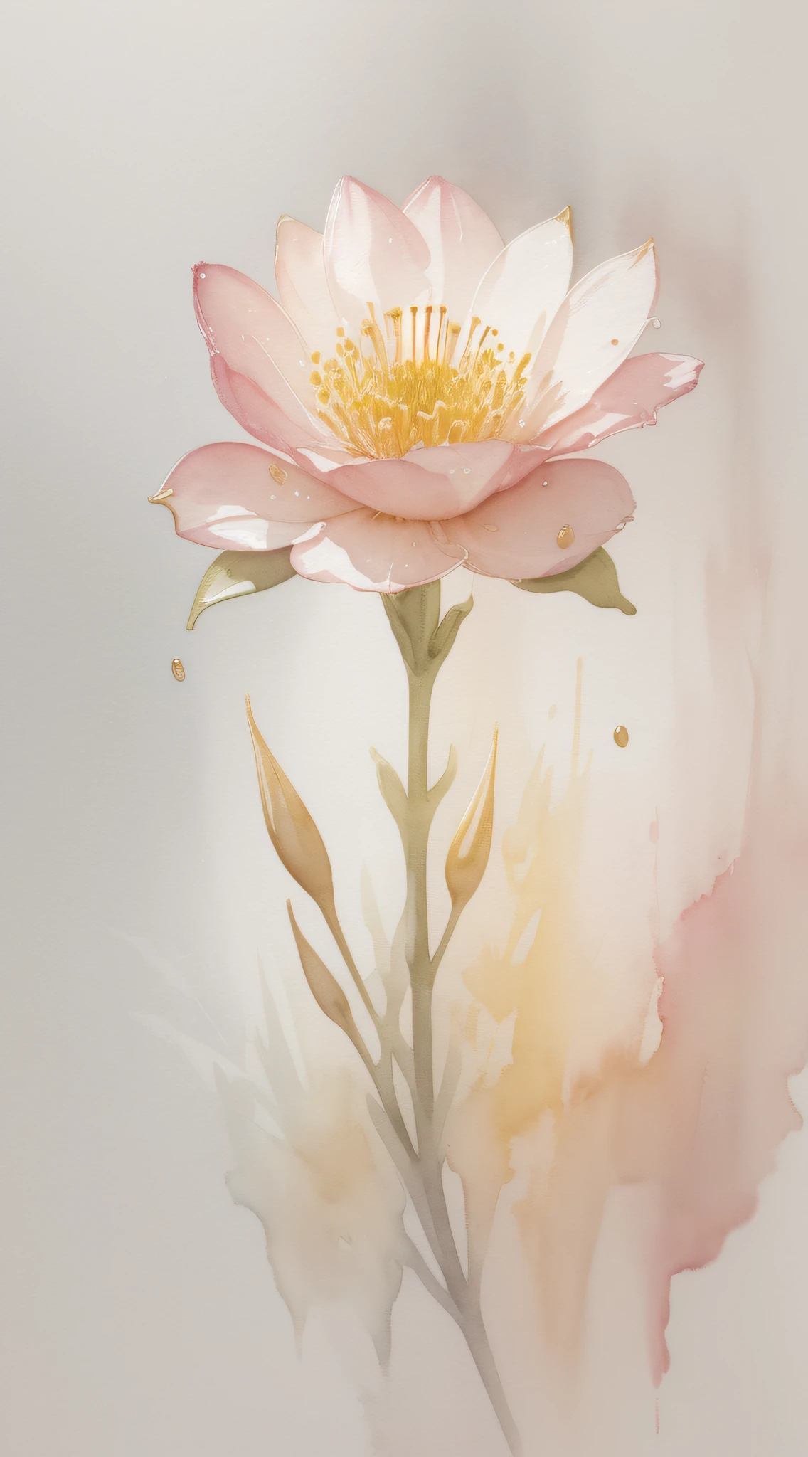 Watercolor flower painting isolated on gray gradient background、watercolor paiting、Splash technology reproduces wet conditions、Blurred atmosphere、Unique composition、Abstract representation、Contains surrealist elements、Pale tones、Pale pink and gold color scheme、high-resolution details、Ink splash effect、Light shades。