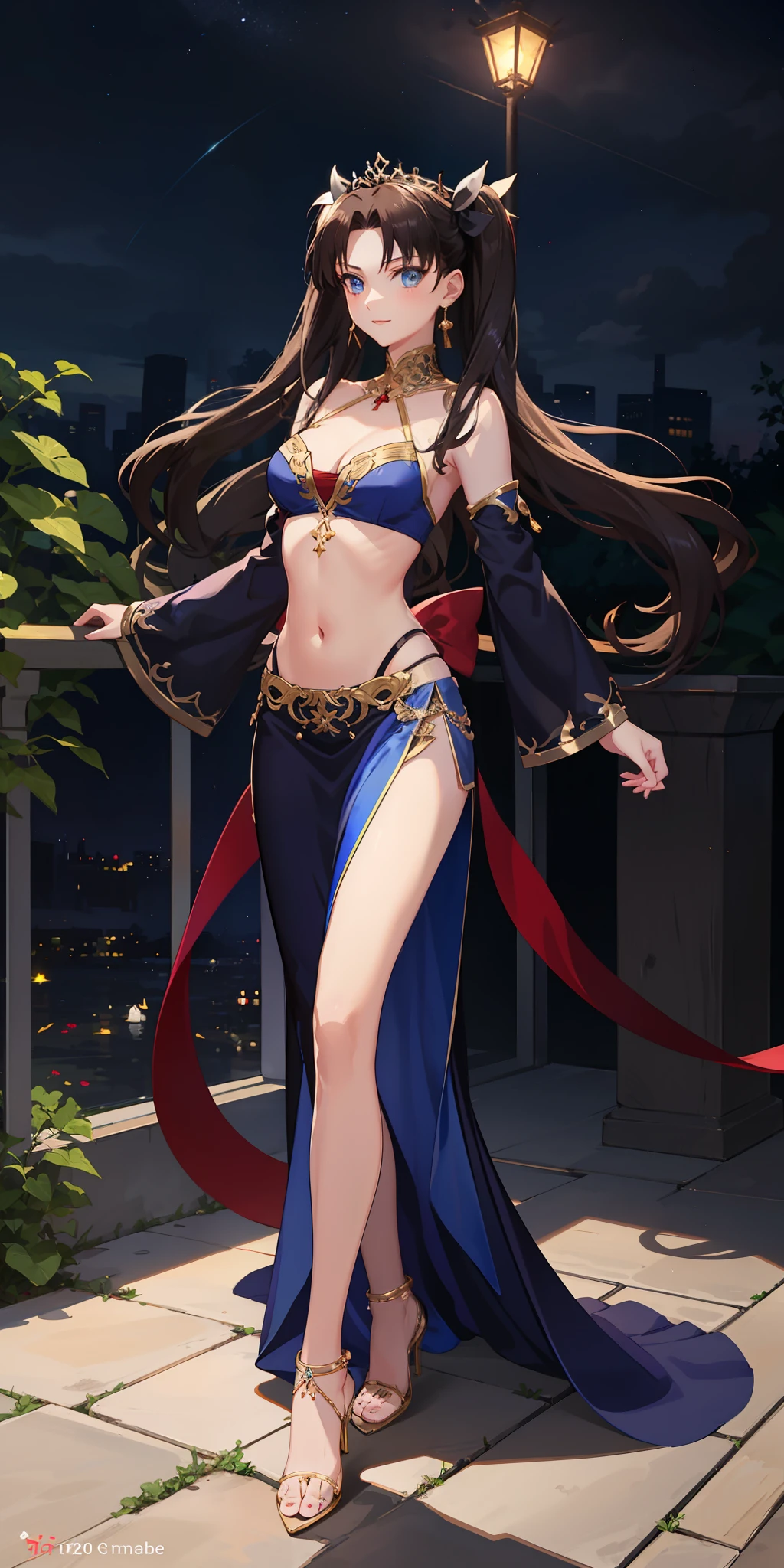 long hair, black hair, medium breast, slim legs, happy, bluish gown, cleavage, arabian belly dancer , short skirt, rin tohsaka, twin tail, navel, garden, night, blue eyes, tiara, standing, thigh high socks