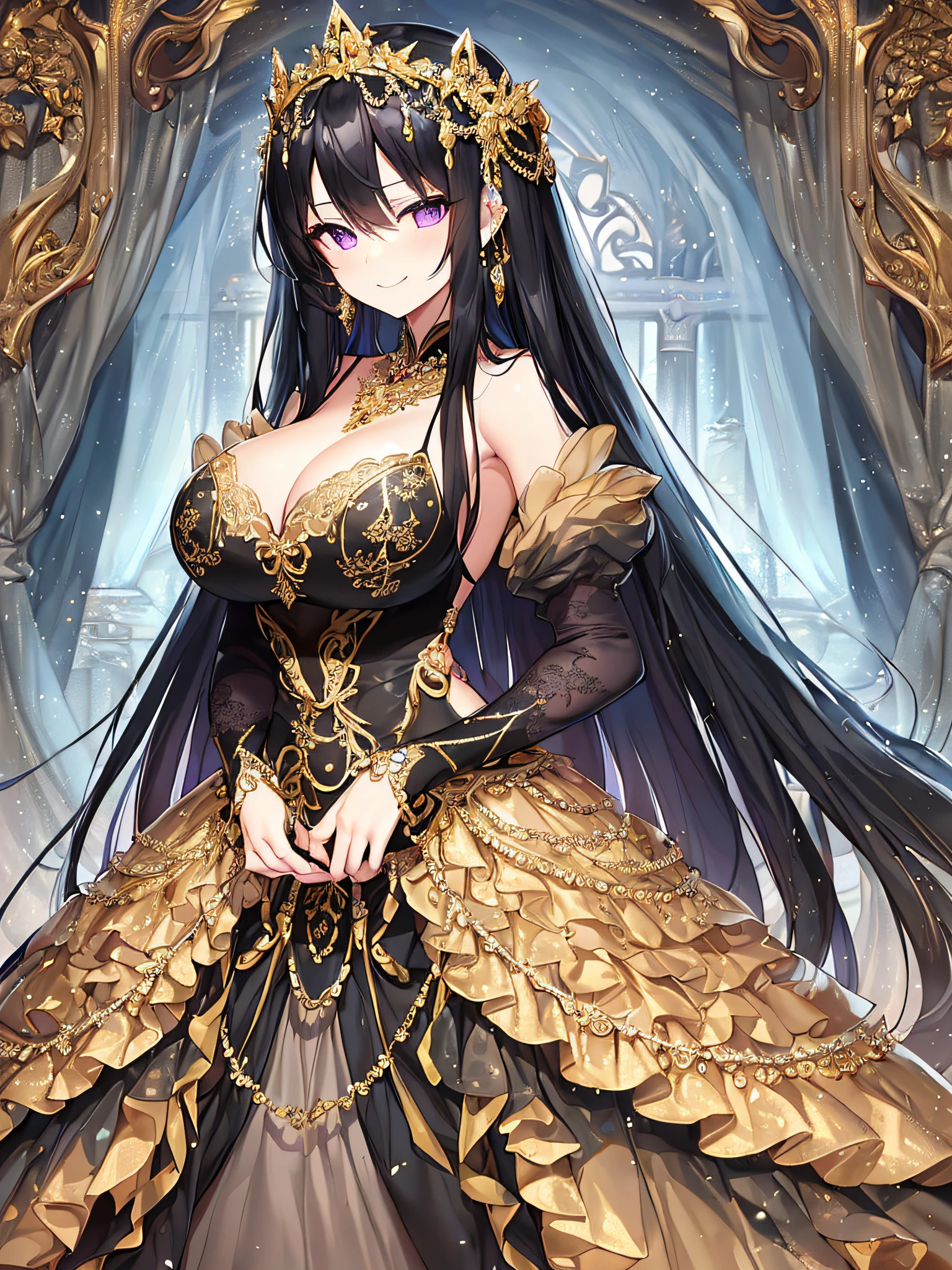 ((anime artstyle)),(Masterpiece),(Best Quality), (Super Detail),((Very Delicate and Beautiful)),Focus on character,Dynamic Angle,Looking at viewer,((Solo)),standing,((full body)),((one queen in jeweled black and gold gorgeousfull ball gown with voluminous fluffy skirt)),((BlingBling)),(arrogant),((naughty smile)),(Purple eyes),Sharp eyes,detailed face and eyes,jewel-like eyes,((Very Long voluminous black Hair)),Straight Hair,((Bangs between eyes)),((gorgeousfull embroidery and lace)),gorgeous corsage,See-through,Gorgeous jewelry ornaments,gorgeousfull BlingBling hair ornament,gorgeousfull BlingBling tiara with jewels,ornate ruffles,((gigantic breasts,Long breasts)),((full body)),((hoop skirt,crinoline)),(((gorgeous embroidery and jeweled black and gold gorgeousfull ball gown with voluminous fluffy skirt)))
