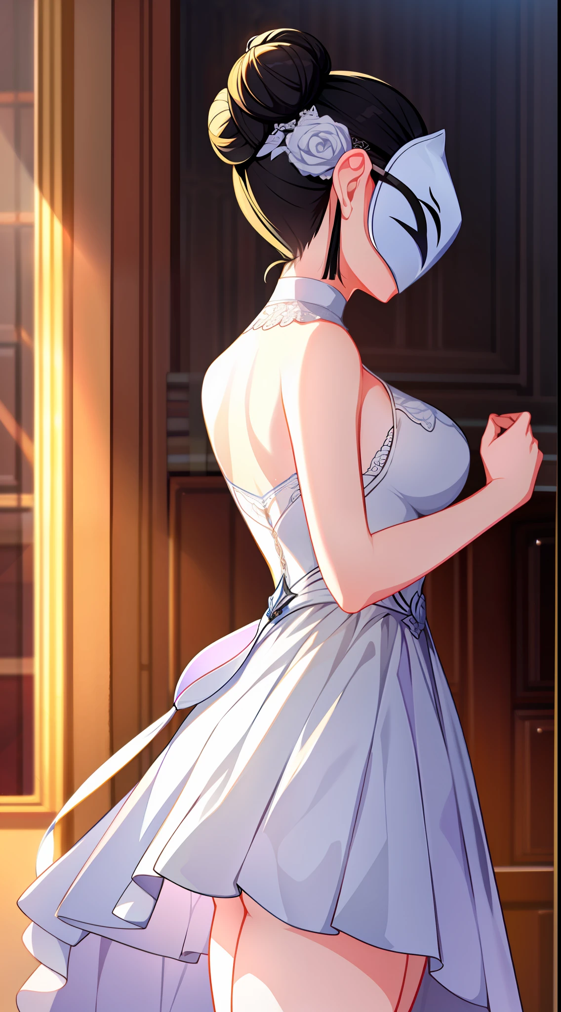 Adult woman, black hair in a bun, covered eyes, Luxurious open dress, white lipstick, ballet, Mask on the eyes, Masterpiece, hiquality