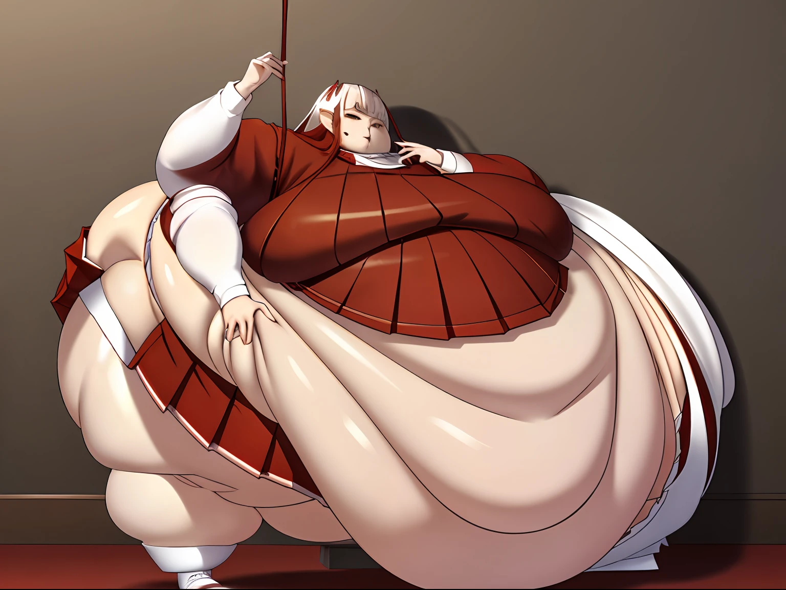 abstract, 1girl, solo, red skin, demon, white wispy hair, ((detailed face)), ((beautiful face)), (red sweater, pleated skirt hanging on belly, panties hanging on belly:1.6), looking at belly, standing up and towering over the viewer, food stains, (WeightImmobile:1.3), (obese:1.2) (round face:1.3), huge belly, wide hips, bottom view, AS-MidAged, legs spread, cellulite on rolls, underboob, belly crease under navel, full body, belly touching floor, belly rolls under breasts