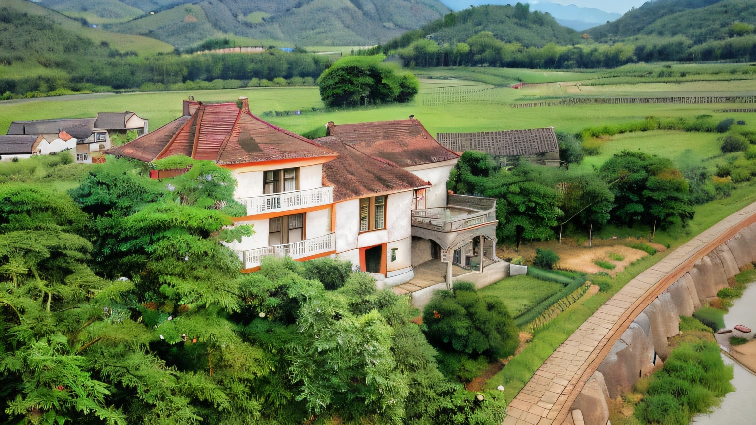 Aerial view of the country house,A river runs through it, View from above, wide view of a farm, high-angle view, external view, a wide full shot, allure, looking from above, drone view, viewed in profile from far away, Village, upper view, top - view, view from slightly above, white buildings with red roofs