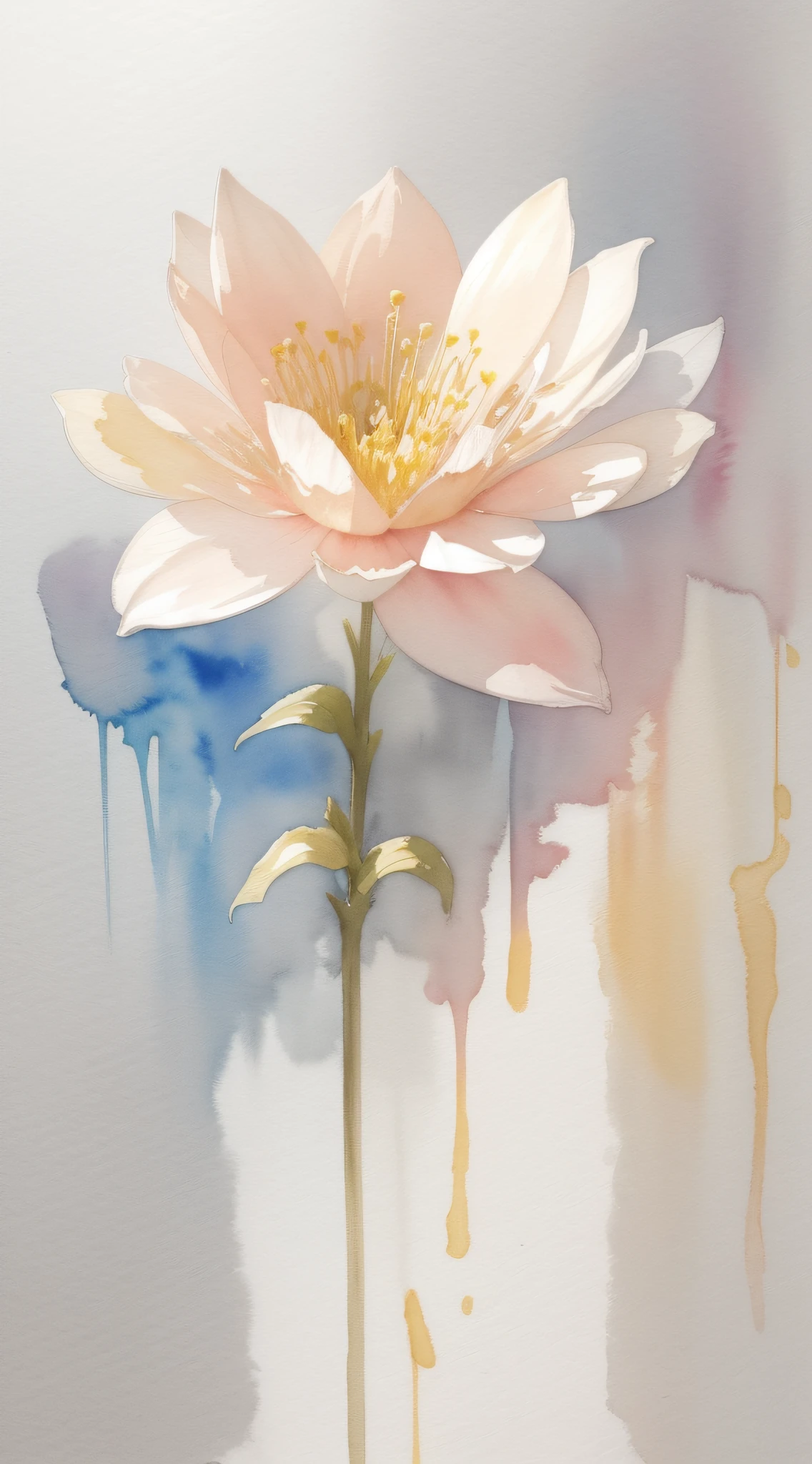 Watercolor flower painting isolated on gray gradient background、watercolor paiting、Splash technology reproduces wet conditions、Blurred atmosphere、Unique composition、Abstract representation、Contains surrealist elements、Pale tones、Pale pink and gold color scheme、high-resolution details、Ink splash effect、Light shades。
