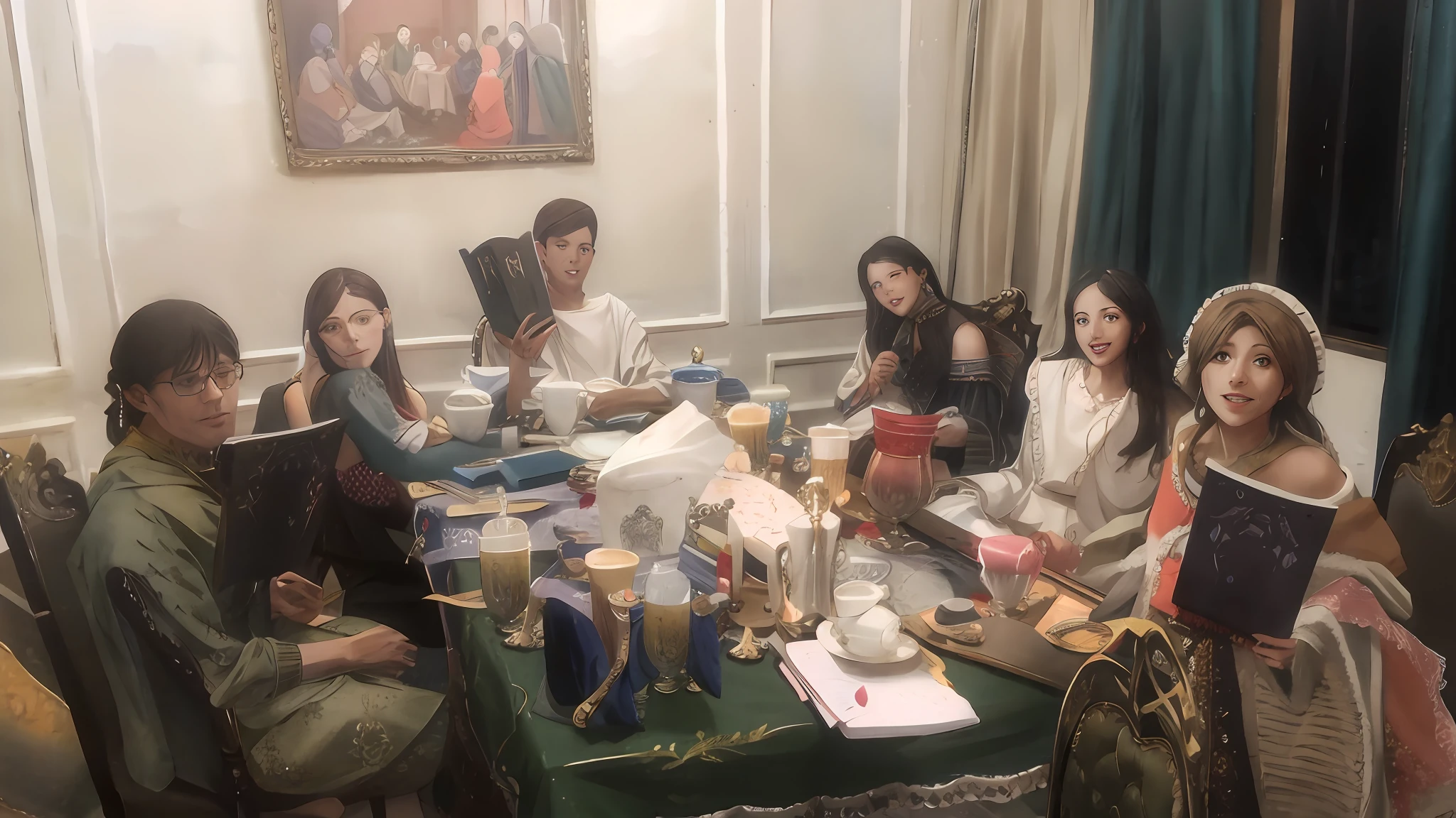 Six people sat around a table，Holding a book and a cup, Renaissance, Group photo