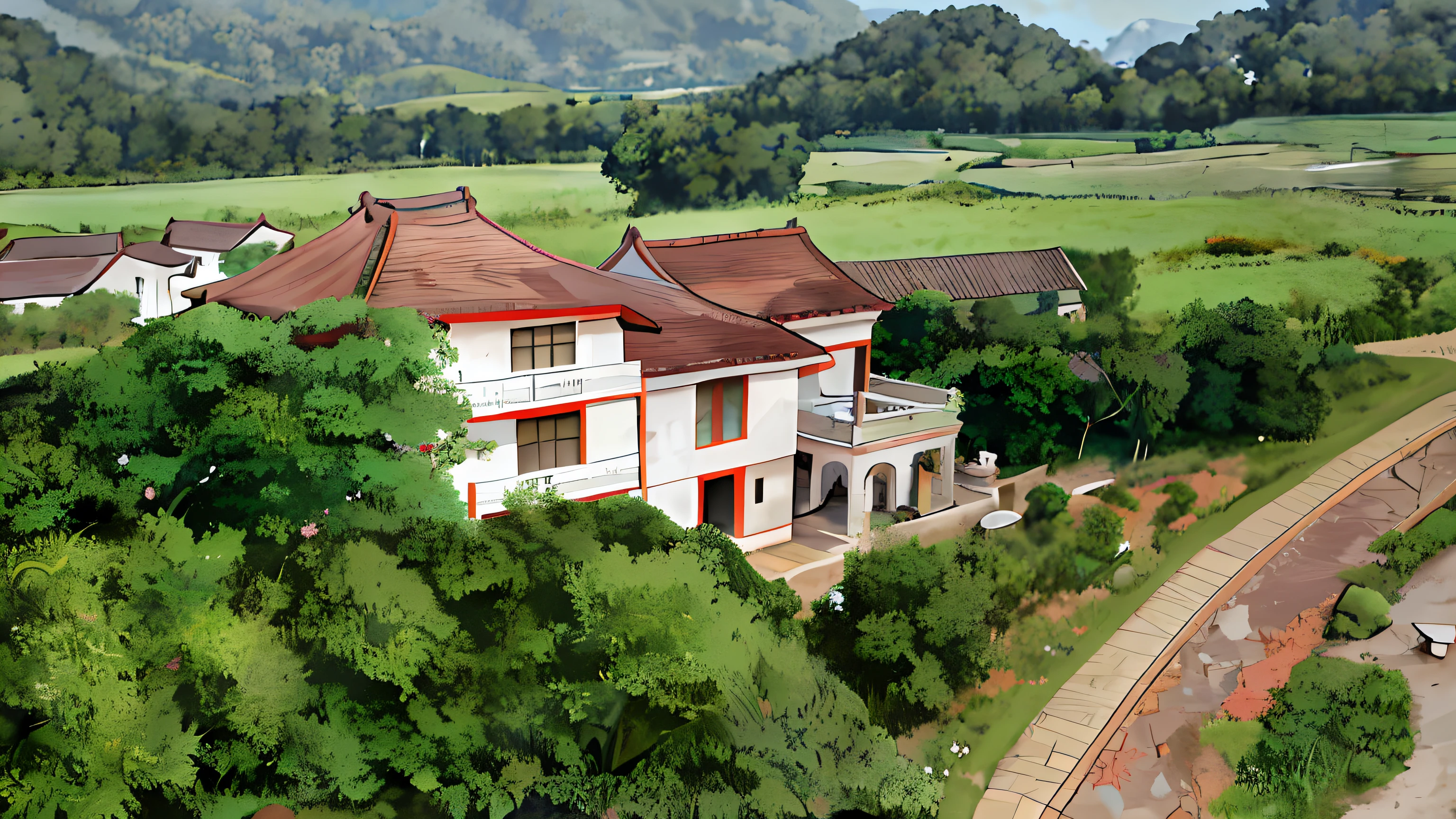 Aerial view of houses in rural area,The background is a mountain, korean countryside, historical context, countryside in japan, Colonial house in the background, ornate retreat, 1 8th century manor, Japanese countryside, abandoned japaense village, mansion, looking from above, korean traditional palace, Regal Manor, farm house, ji-min, Old house, exterior