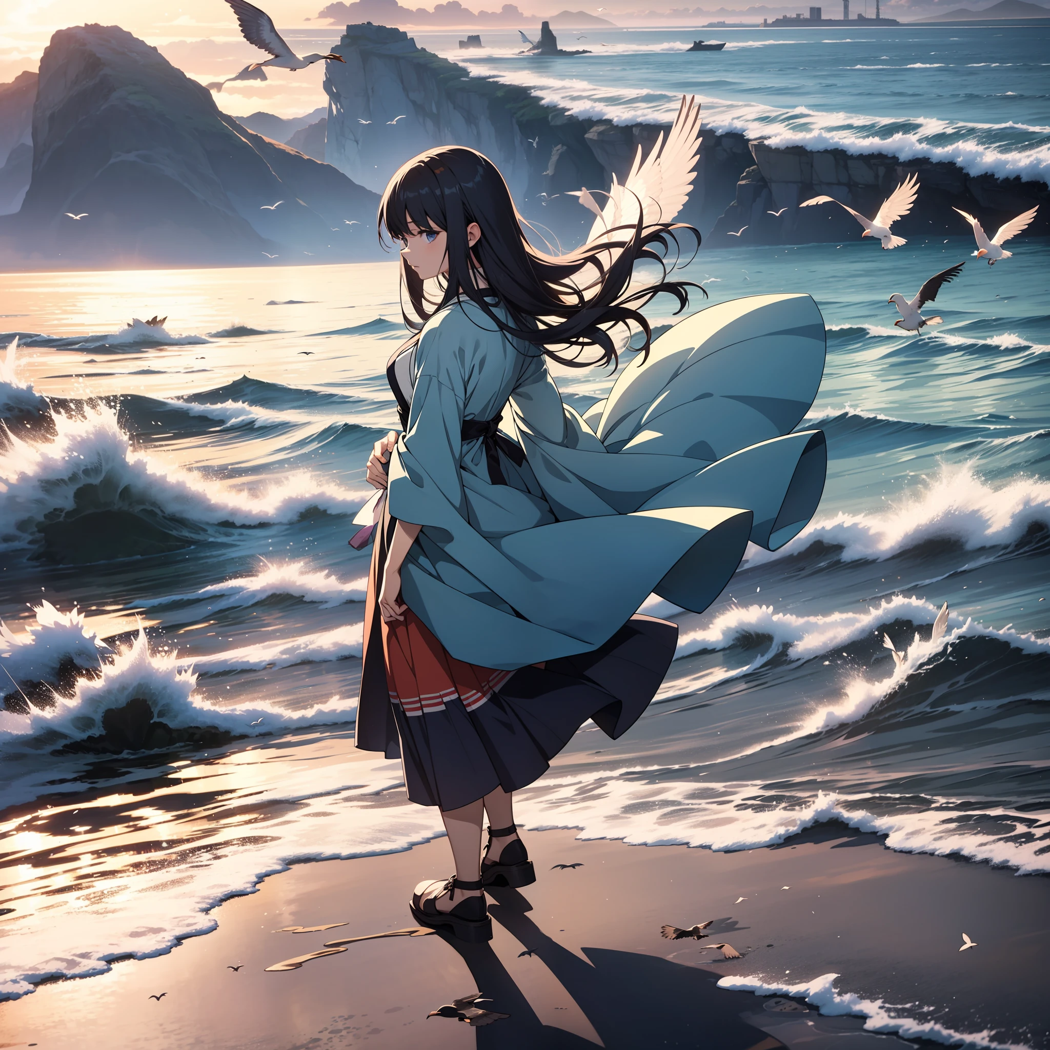 Best quality, masterpiece, very detailed, detailed background anime girl standing in the ocean, birds flying around, anime girl walking on water, anime beautiful peace scene