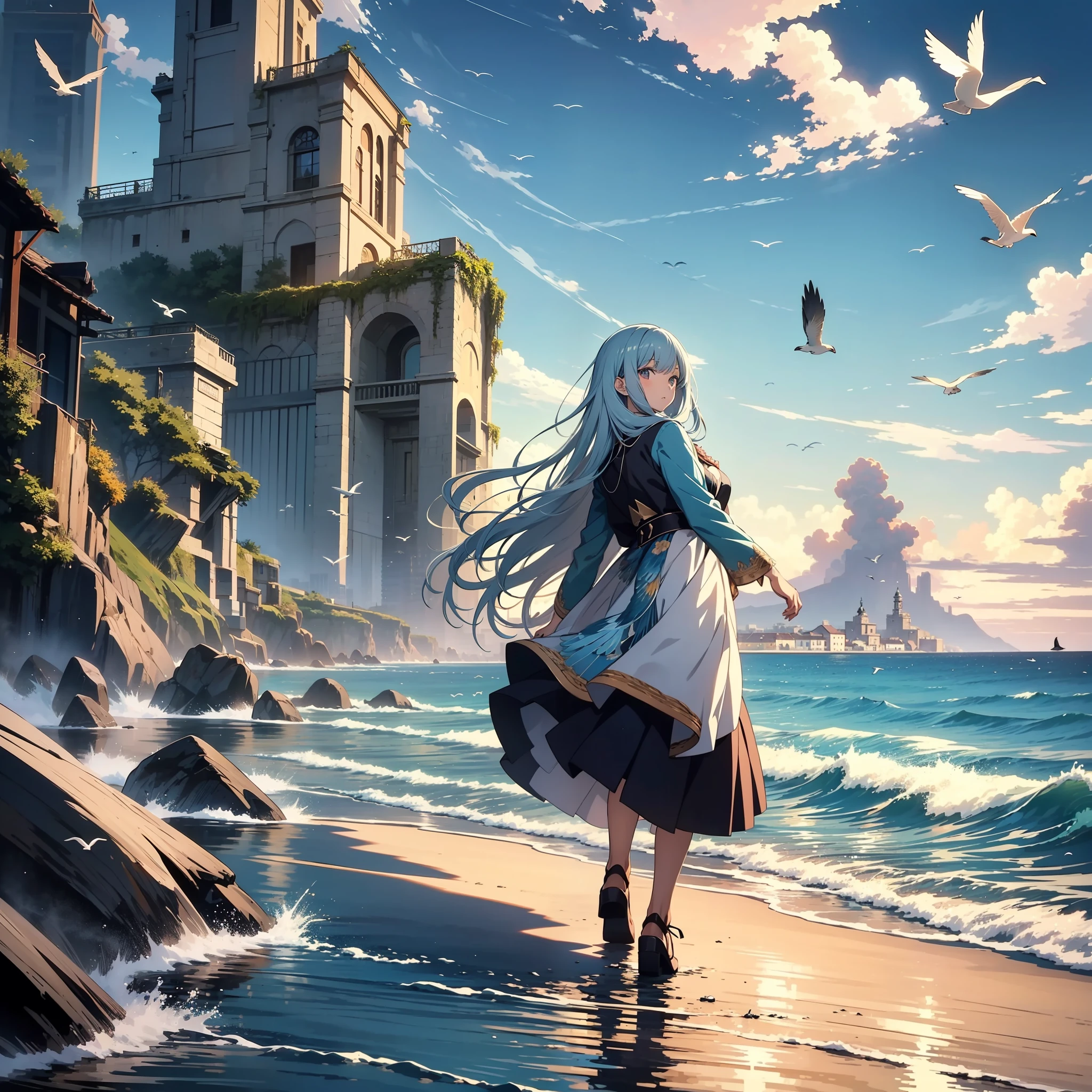 Best quality, masterpiece, very detailed, detailed background anime girl standing in the ocean, birds flying around, anime girl walking on water, anime beautiful peace scene