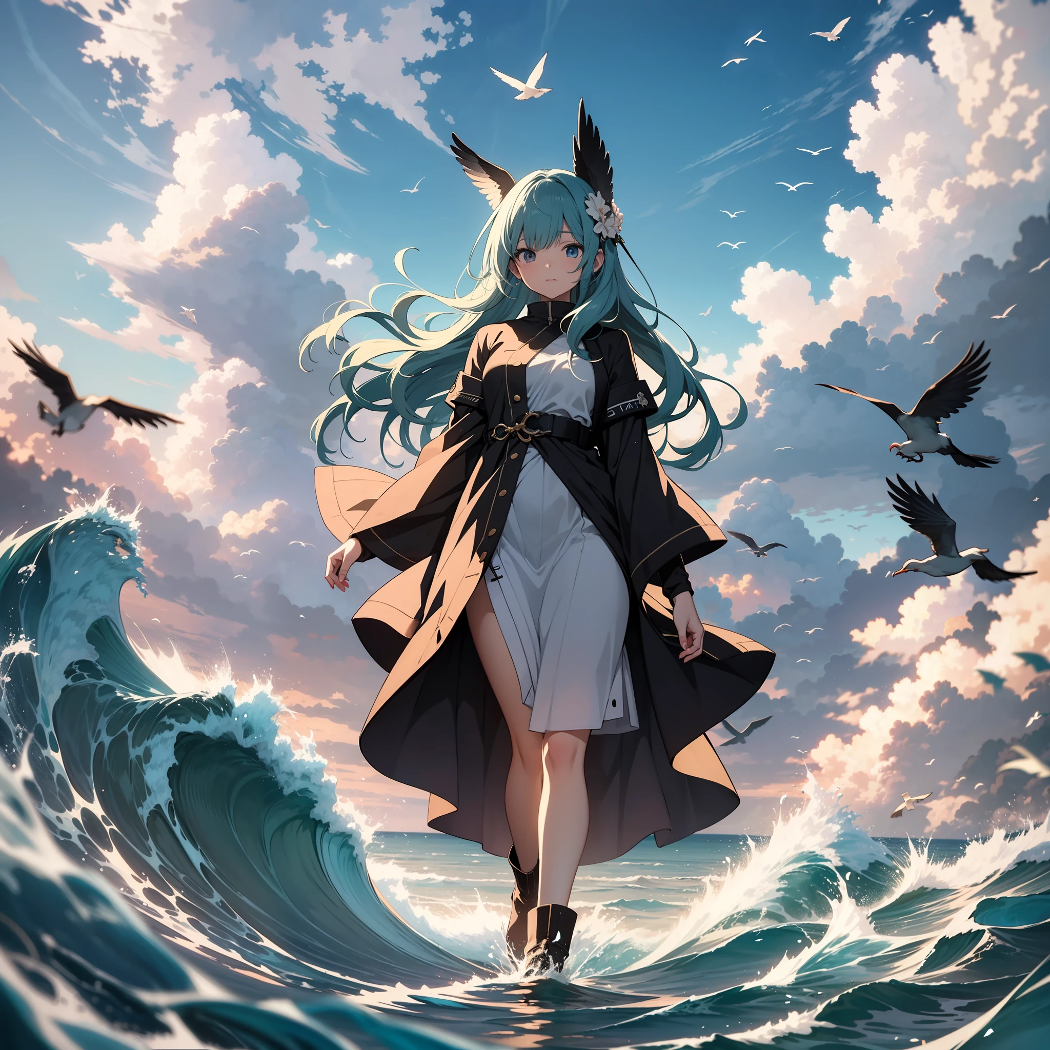 Best quality, masterpiece, very detailed, detailed background anime girl standing in the ocean, birds flying around, anime girl walking on water, anime beautiful peace scene