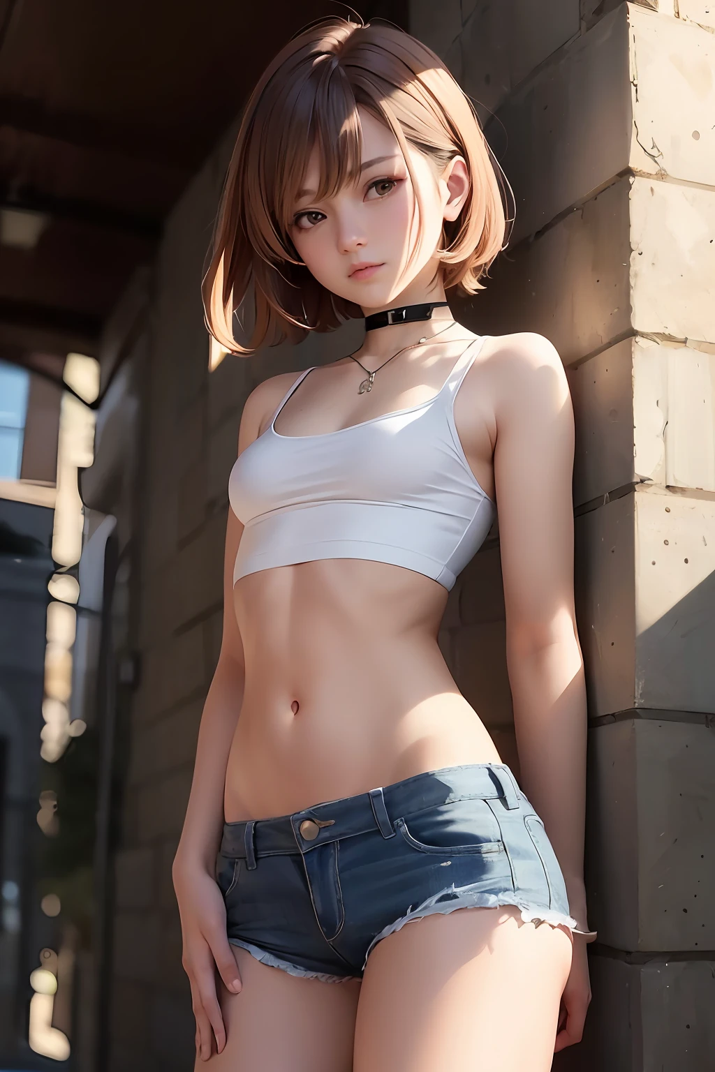 ((medium breast, tomboy girls, small head)), daylight, sunlight, (chiseled abs : 1.1), (perfect body : 1.1), (short wavy hair : 1.2) , auburn hair, collar, chain, full body shot, crowded street, wearing black tanktop, jeans jacket, ((shorts)), (extremely detailed CG 8k wallpaper), (an extremely delicate and beautiful), (masterpiece), (best quality:1.0), (ultra highres:1.0),  beautiful lighting ,perfect lightning, realistic shadows, [highres], detailed skin, ultra-detailed