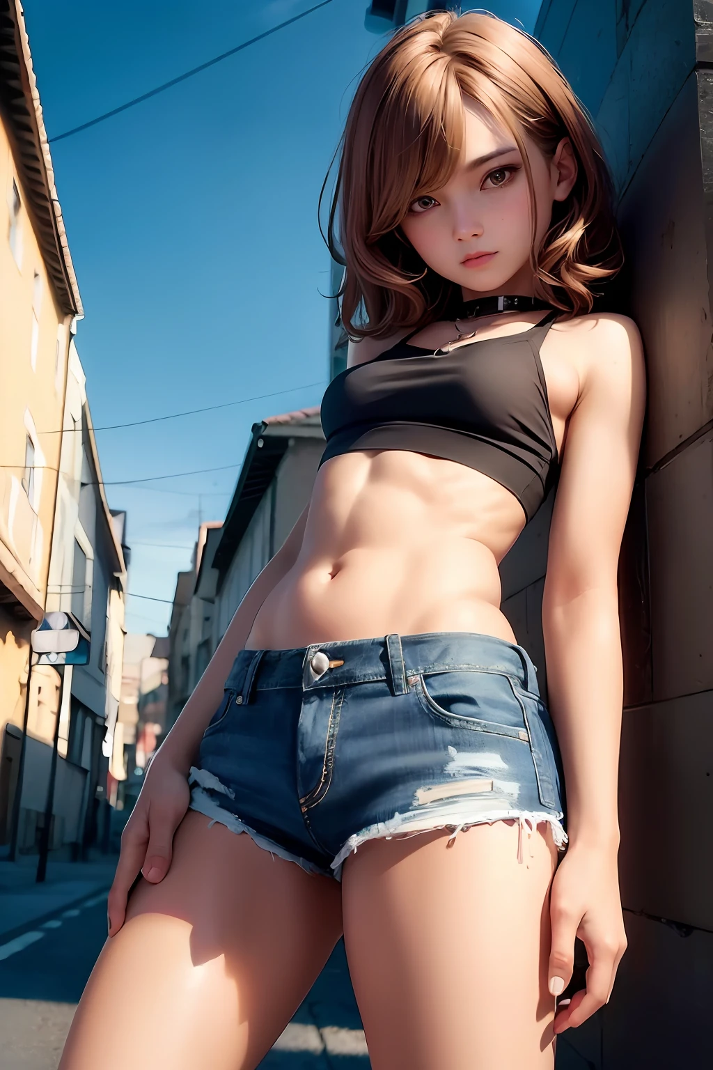 ((medium breast, tomboy girls, small head)), daylight, sunlight, (chiseled abs : 1.1), (perfect body : 1.1), (short wavy hair : 1.2) , auburn hair, collar, chain, full body shot, crowded street, wearing black tanktop, jeans jacket, ((shorts)), (extremely detailed CG 8k wallpaper), (an extremely delicate and beautiful), (masterpiece), (best quality:1.0), (ultra highres:1.0),  beautiful lighting ,perfect lightning, realistic shadows, [highres], detailed skin, ultra-detailed