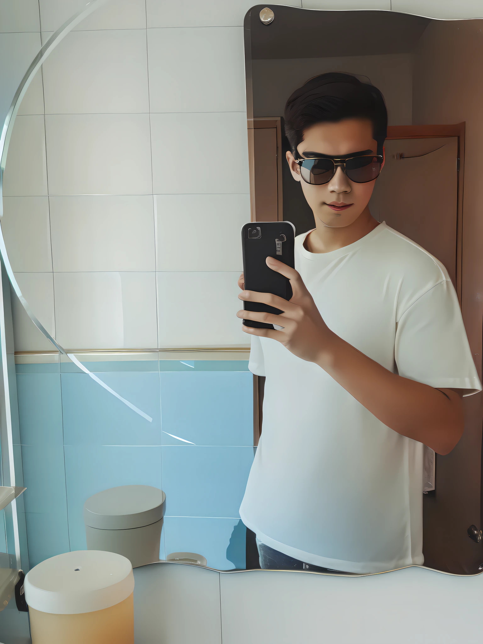 There is a man taking a selfie in front of the mirror, with sunglass, 8k selfie photograph, Mirror selfie, standing in front of a mirror, wearing mirrored sunglasses, selfie of a man, Male ulzzang, thin young male, With glasses, Selfie Photos, stable diffusion self portrait，Small back，Bow your head proudly，The picture is HD，3D Boy，No beard，It's not a heart-to-heart eyebrow