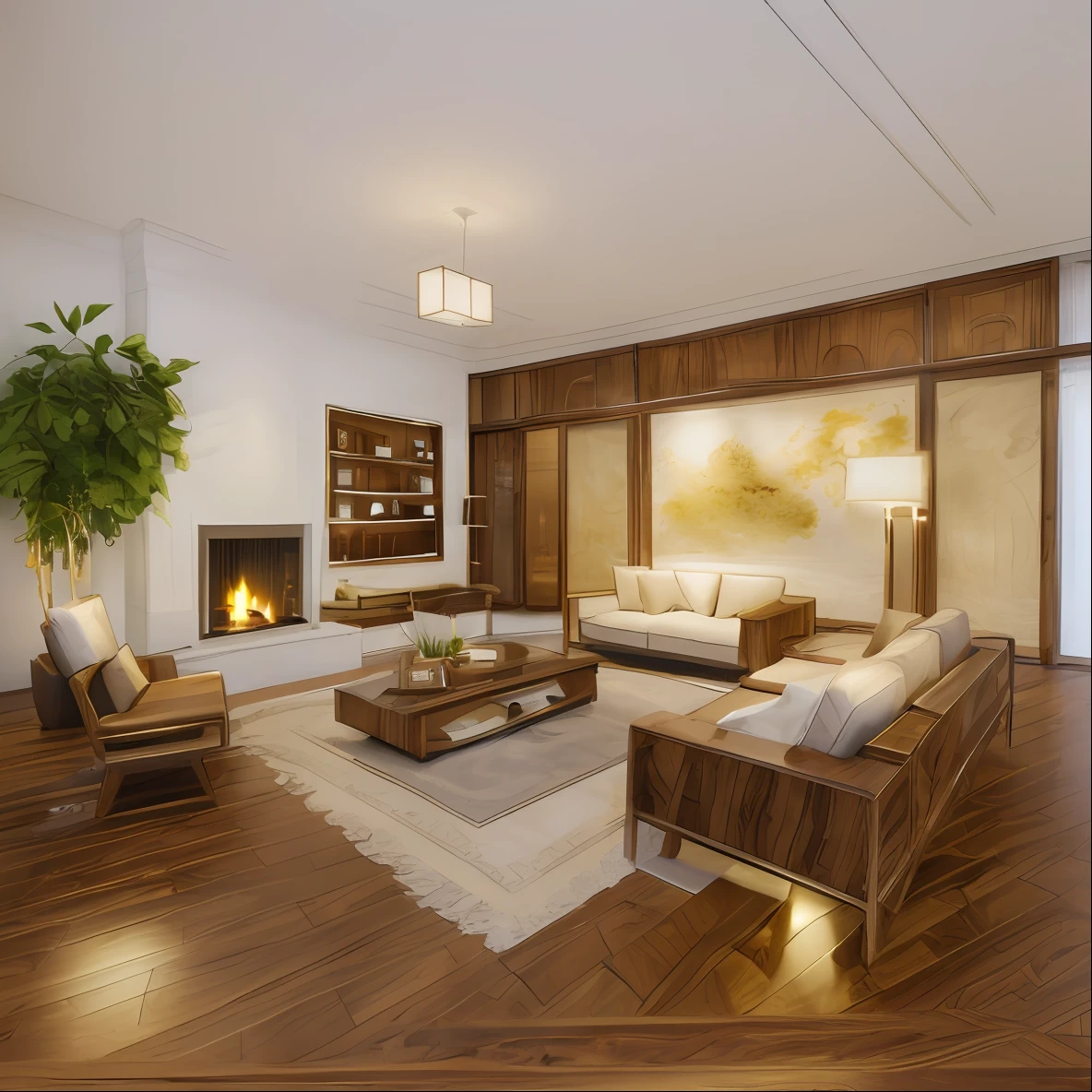 walnut wooden furniture ((masterpiece,best quality,highres,sharp forcus)) (((detail forcus))) , (Living room in style of neoclassic style) (( forcus on small detail) (8K) , clear , ((Super sharp, super clear, clear details)) (glossy walnut wooden furniture), white moulding wall in neoclassic style , warm tone , daylight ,(8k) ( super detail) , curtain and window, fur carpet, wooden floor ,white plaster ceiling ,fire place ,